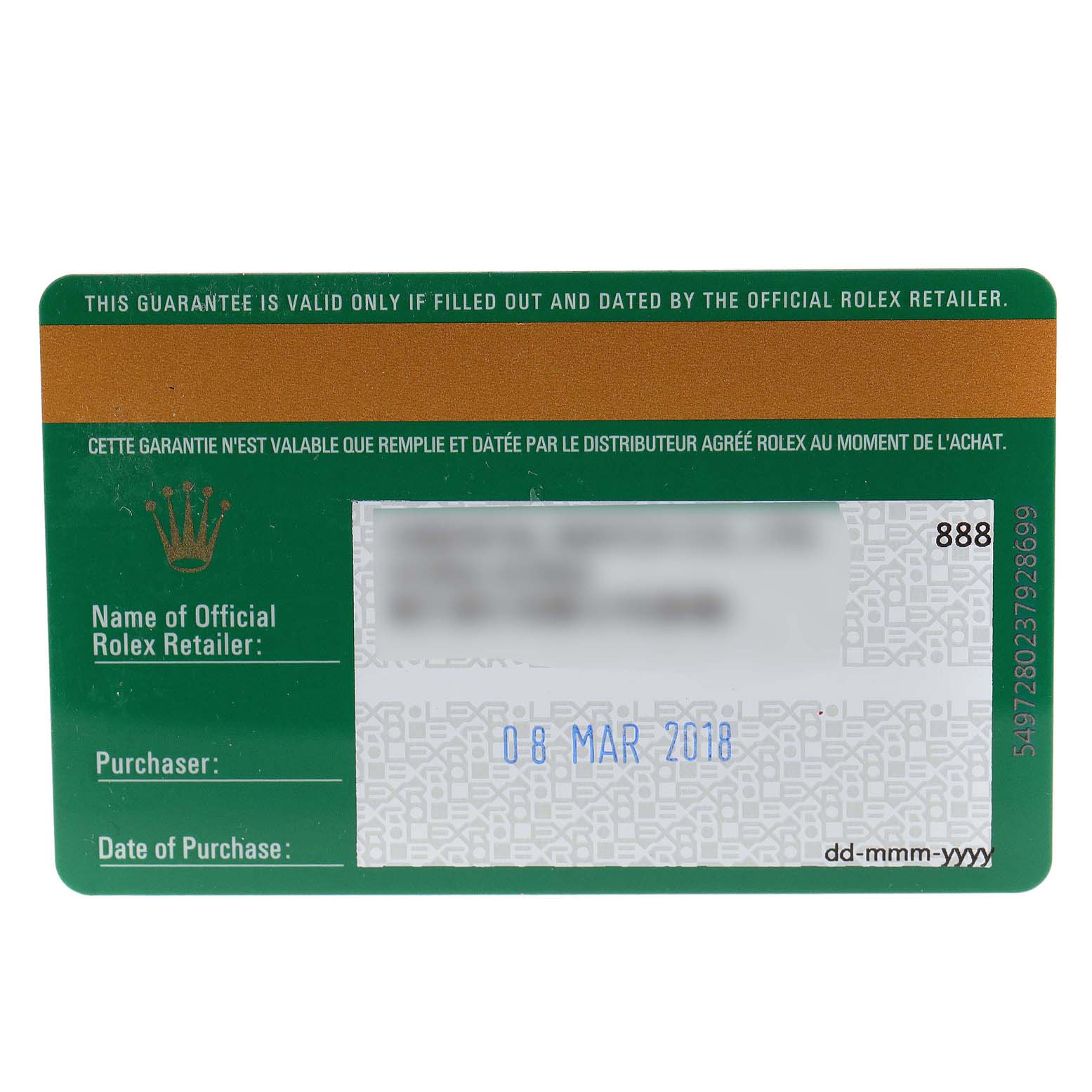 This image shows a warranty card for the Rolex Datejust 116244 Men
s Stainless Steel Black Dial 116244 Men
s Stainless Steel Black Dial watch, displaying retailer, purchaser details, and date of purchase.