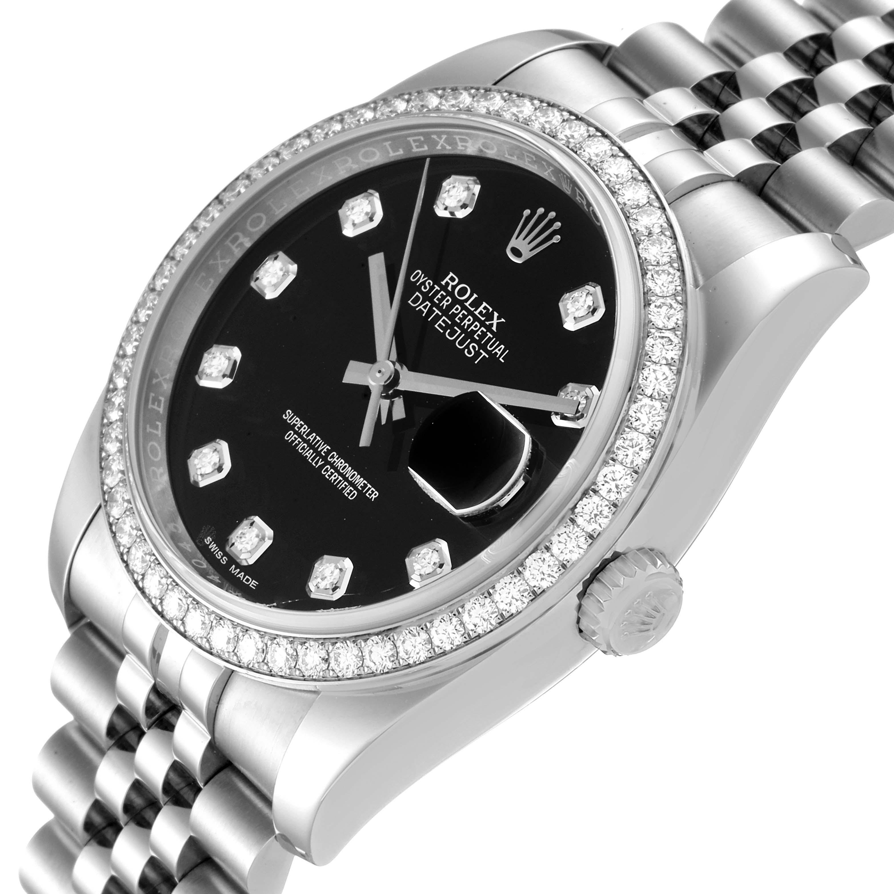 The image shows a Rolex Datejust 116244 Men
s Stainless Steel Black Dial 116244 Men
s Stainless Steel Black Dial watch at an angled side view, highlighting its dial, diamond bezel, and bracelet.