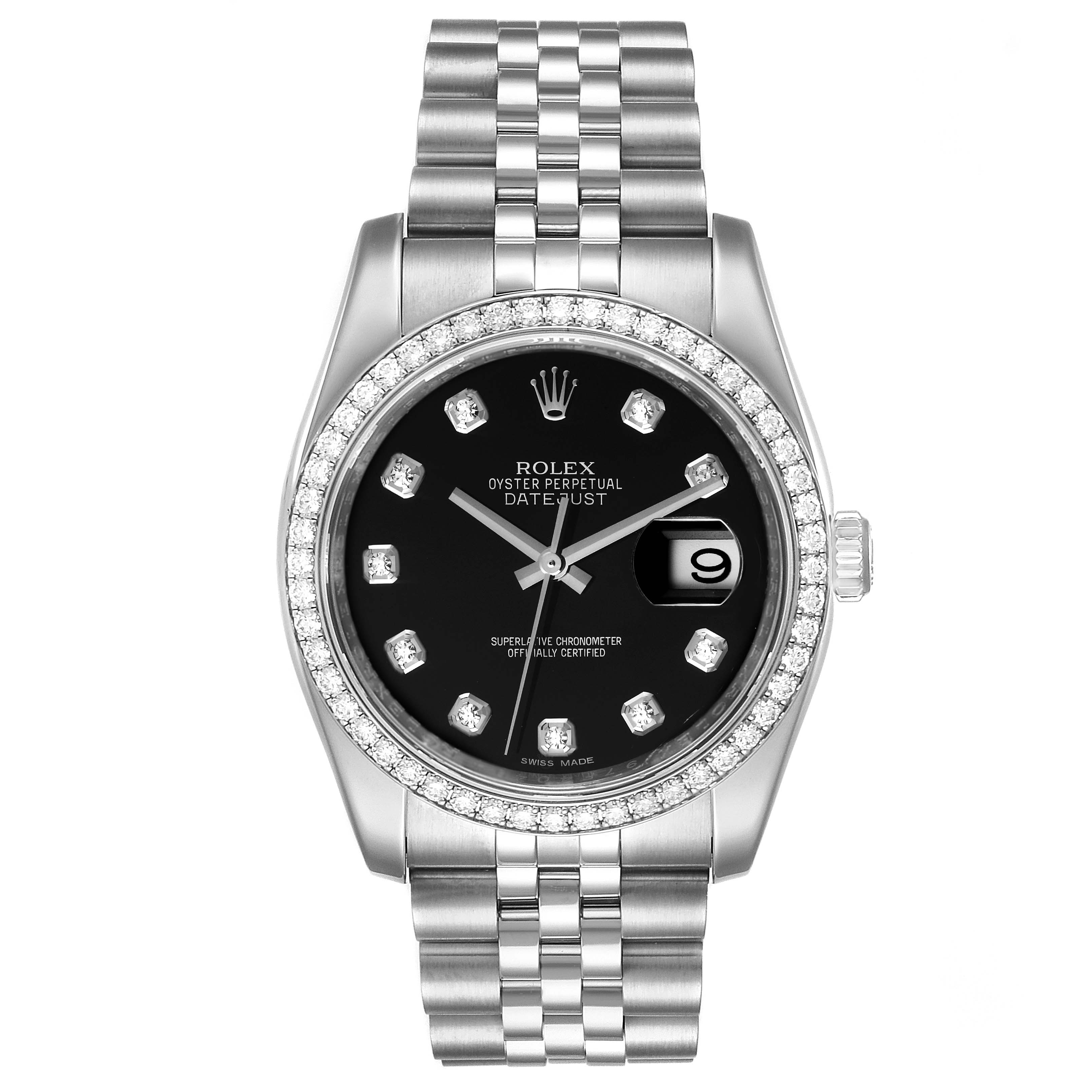 This image shows a front view of a Rolex Datejust 116244 Men
s Stainless Steel Black Dial 116244 Men
s Stainless Steel Black Dial watch, displaying the dial, bezel, bracelet, and crown.