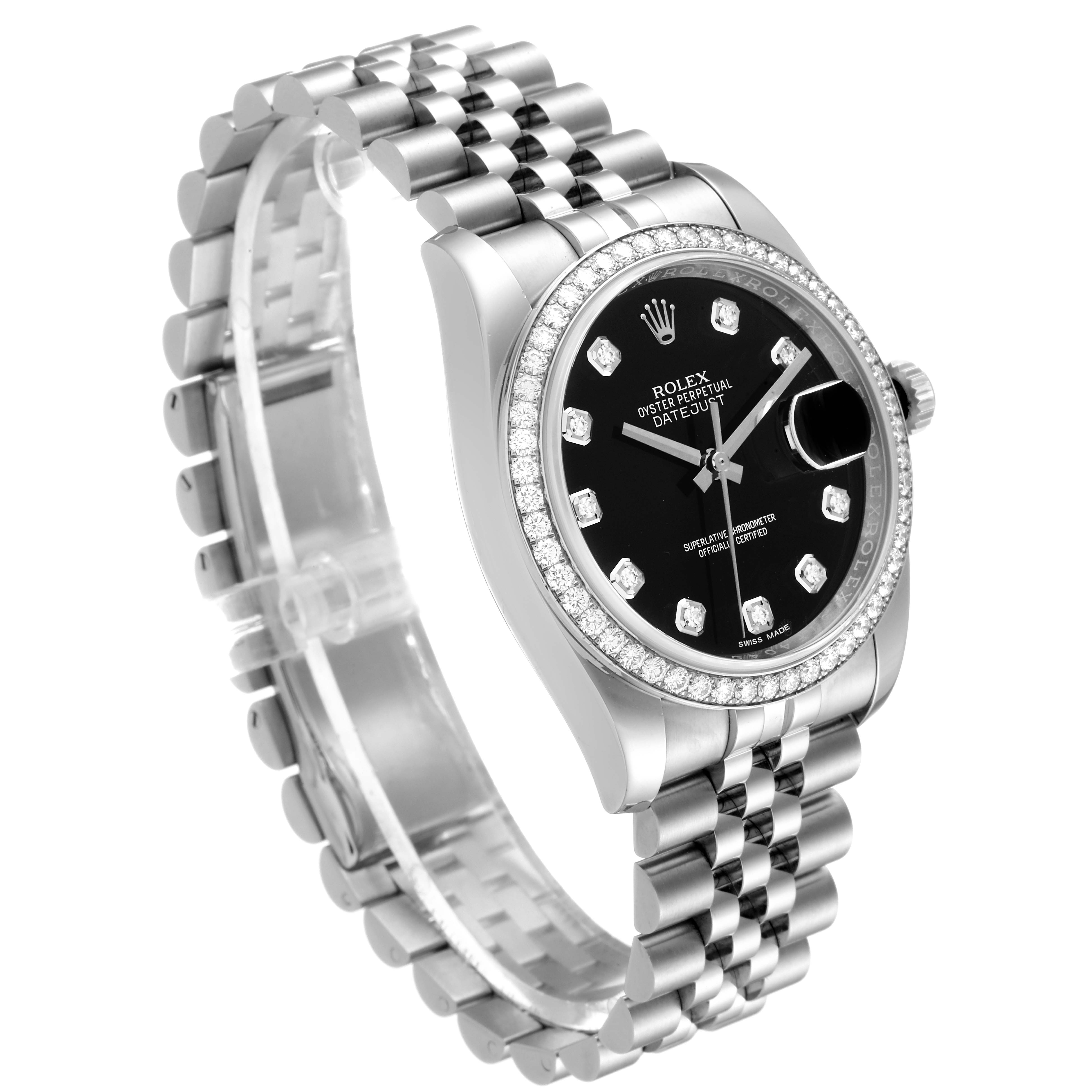 This image shows a Rolex Datejust 116244 Men
s Stainless Steel Black Dial 116244 Men
s Stainless Steel Black Dial watch at a three-quarter angle, highlighting its dial, bezel, and bracelet.