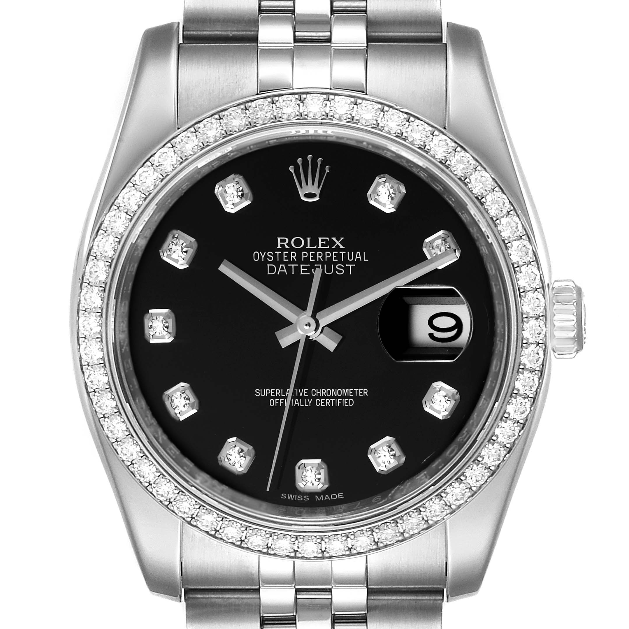 The image shows a Rolex Datejust 116244 Men
s Stainless Steel Black Dial 116244 Men
s Stainless Steel Black Dial watch from a frontal angle, highlighting its black dial, diamond markers, and metallic bracelet.