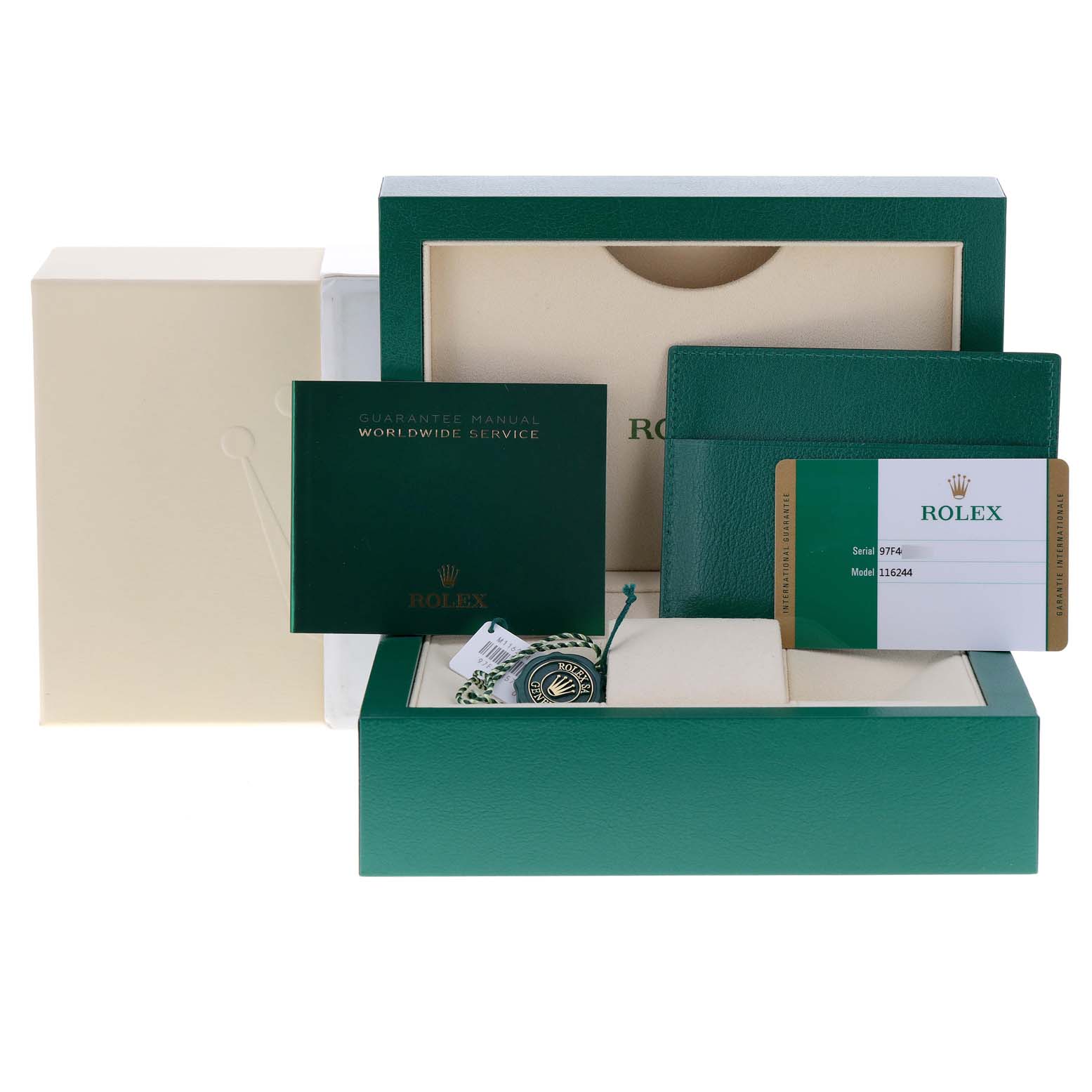 This image shows the packaging and accessories for a Rolex Datejust 116244 Men
s Stainless Steel Black Dial 116244 Men
s Stainless Steel Black Dial model, including the box, guarantee manual, and warranty card.