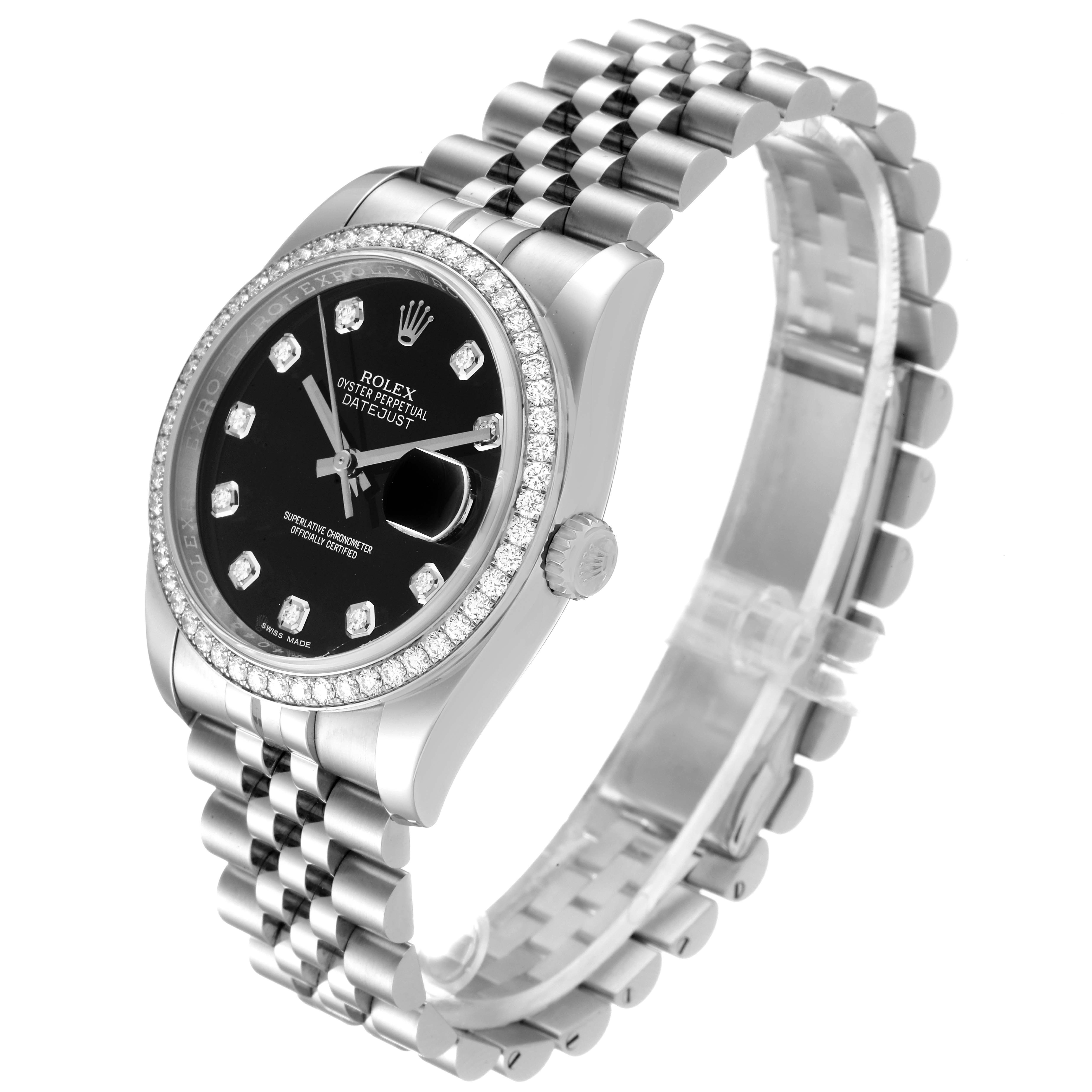 The image shows a Rolex Datejust 116244 Men
s Stainless Steel Black Dial 116244 Men
s Stainless Steel Black Dial watch from an angled side view, highlighting its face, bracelet, and diamond bezel.