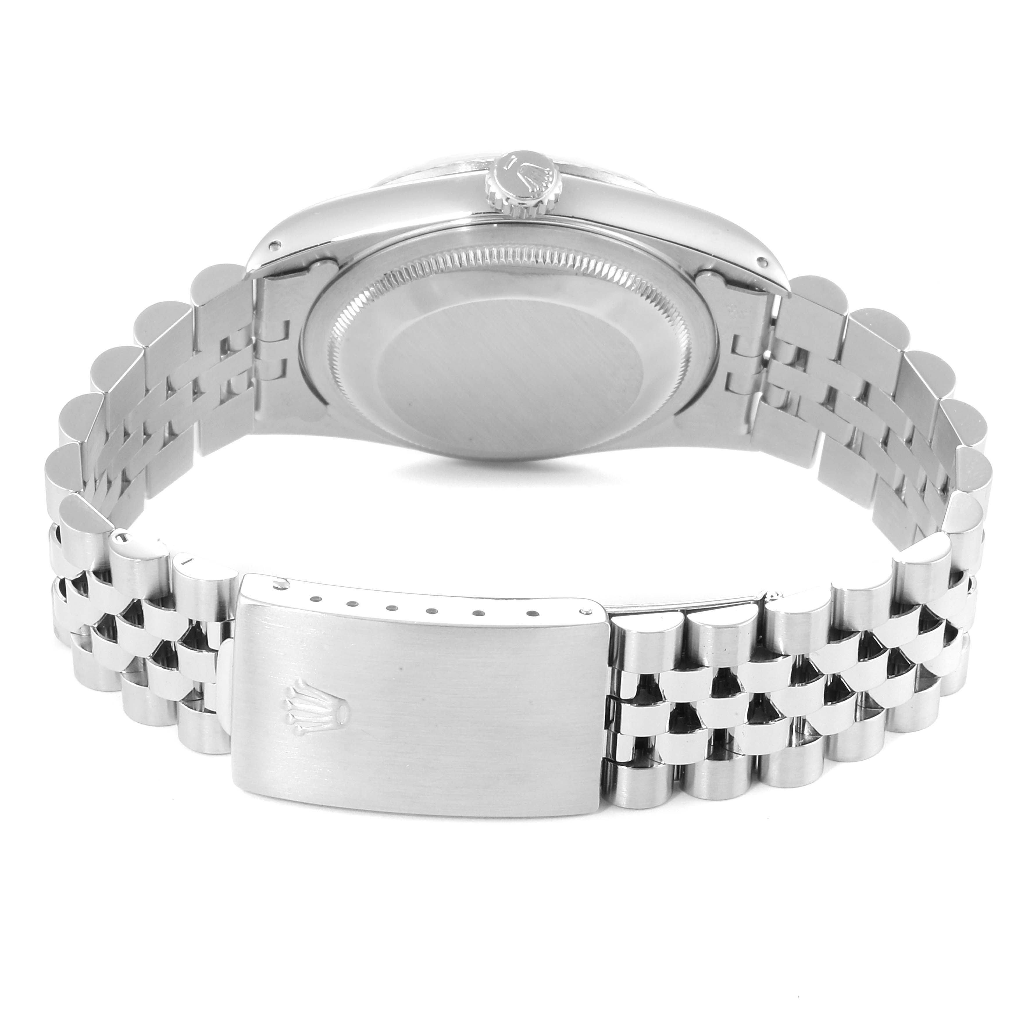 This image shows the back of the Rolex Datejust 16234 Men's Stainless Steel Silver Dial 16234 Men's Stainless Steel Silver Dial watch, highlighting its case, crown, and Jubilee bracelet with the clasp.