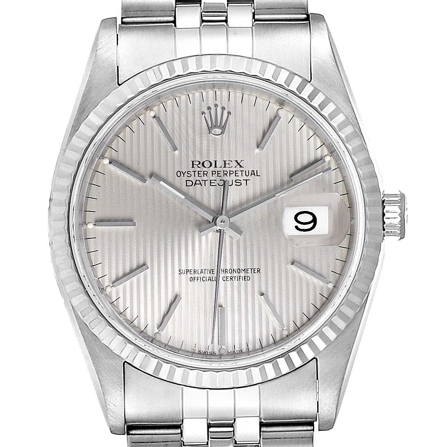 This image shows a front view of the Rolex Datejust 16234 Men's Stainless Steel Silver Dial 16234 Men's Stainless Steel Silver Dial watch, highlighting the dial, bezel, and part of the bracelet.