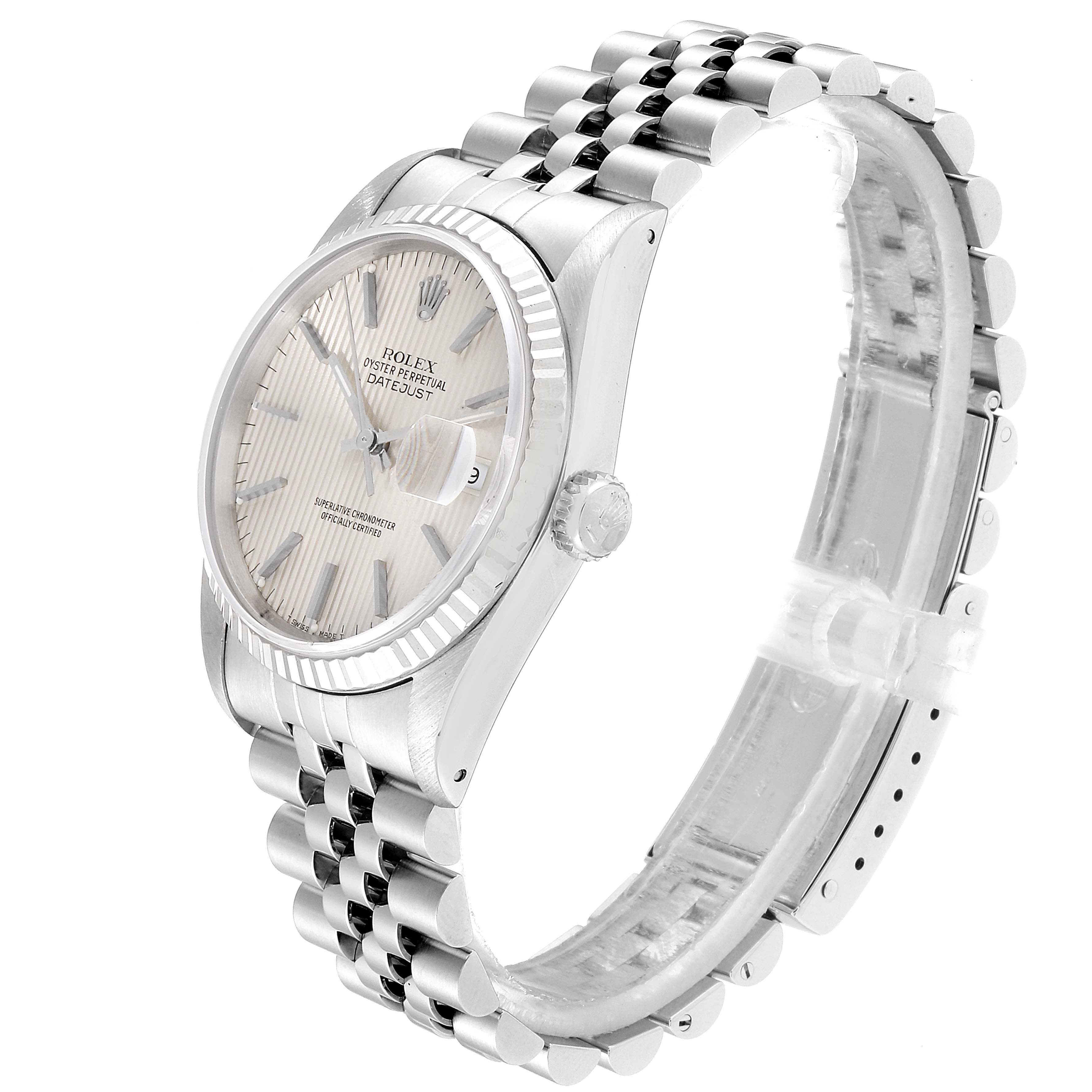 This image shows a Rolex Datejust 16234 Men's Stainless Steel Silver Dial 16234 Men's Stainless Steel Silver Dial watch at a three-quarter angle, highlighting its dial, bezel, crown, and jubilee bracelet.