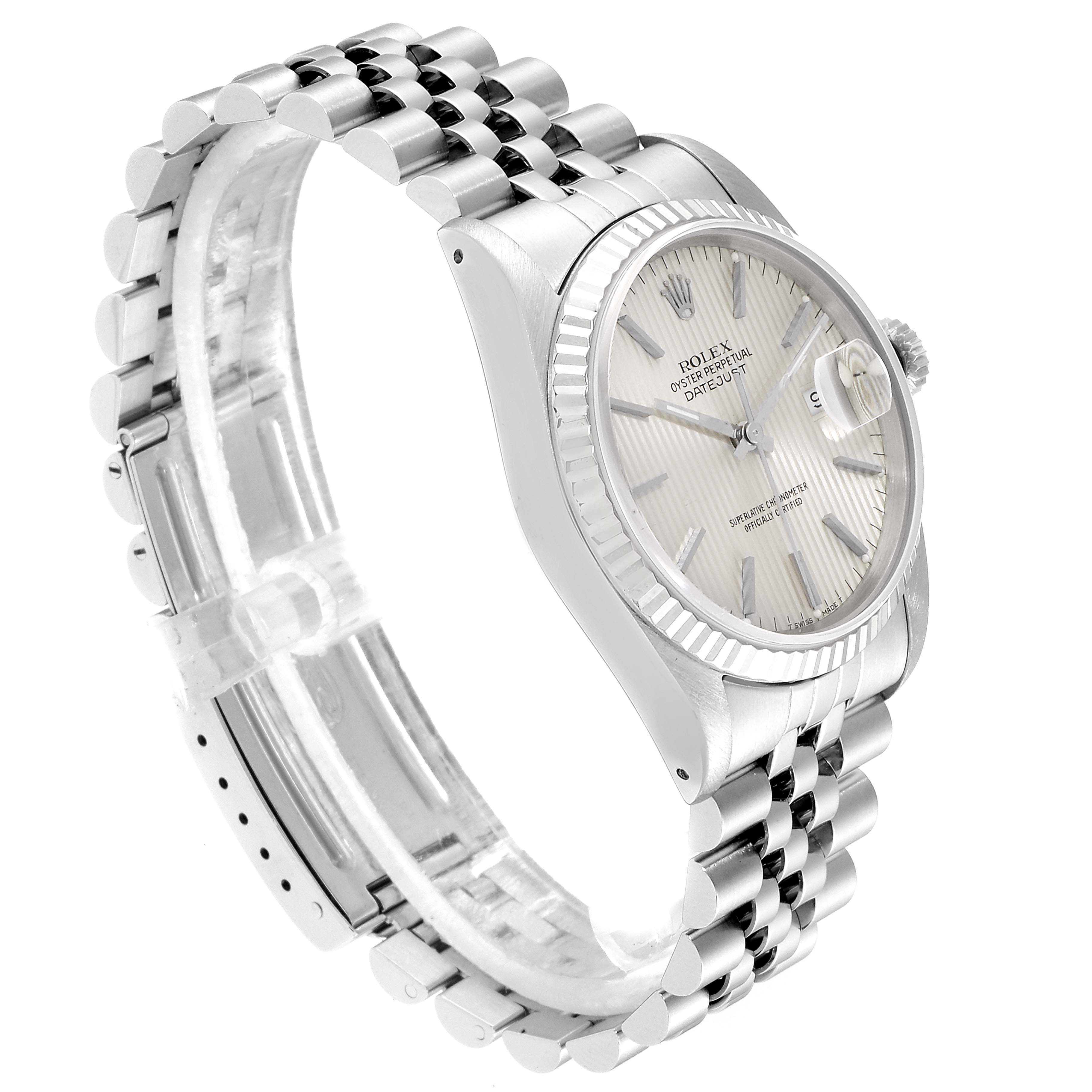 This image shows a Rolex Datejust 16234 Men's Stainless Steel Silver Dial 16234 Men's Stainless Steel Silver Dial watch angled to display the face, bezel, case, crown, and bracelet.