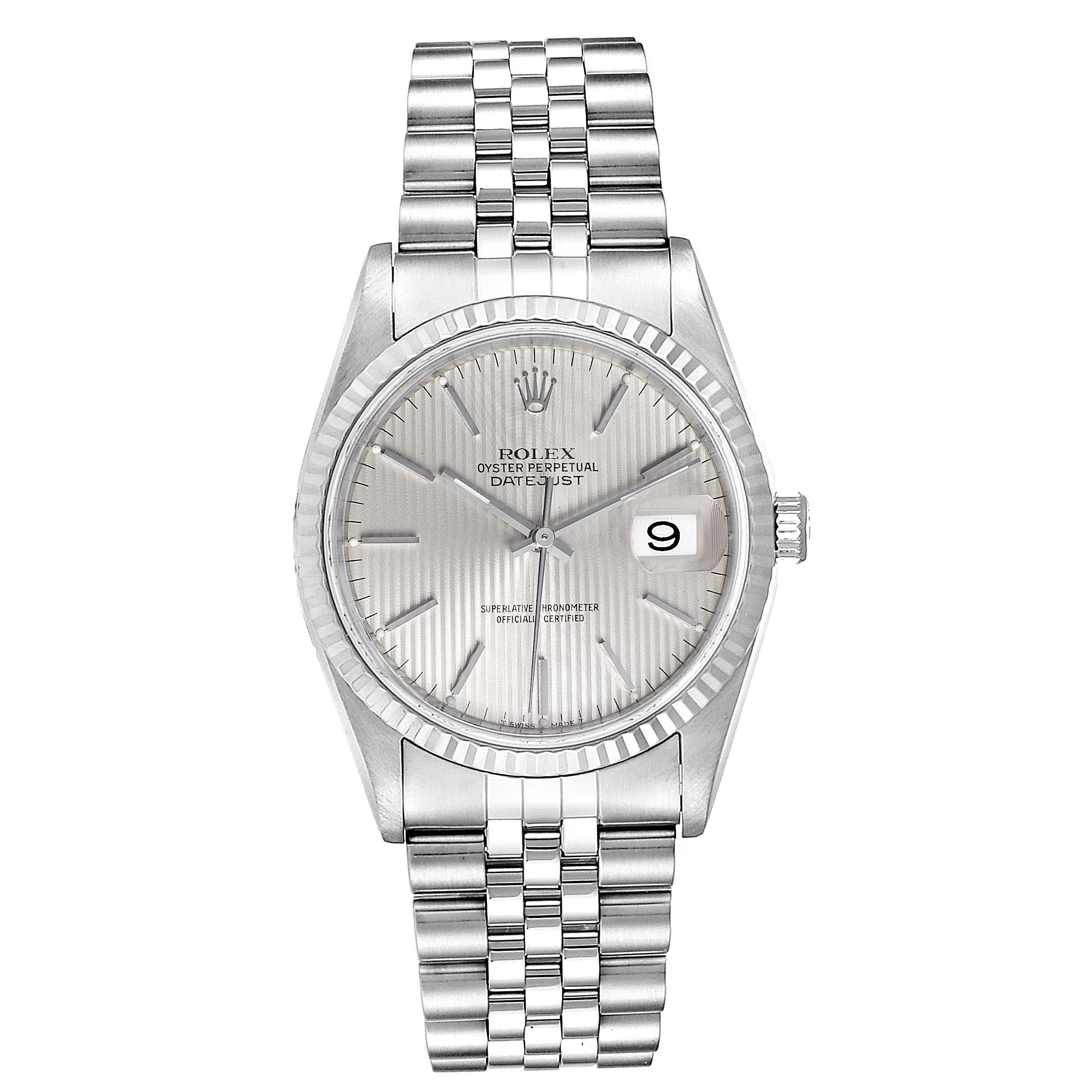 The image shows a frontal view of the Rolex Datejust 16234 Men's Stainless Steel Silver Dial 16234 Men's Stainless Steel Silver Dial watch, including its dial, case, bracelet, and date display.