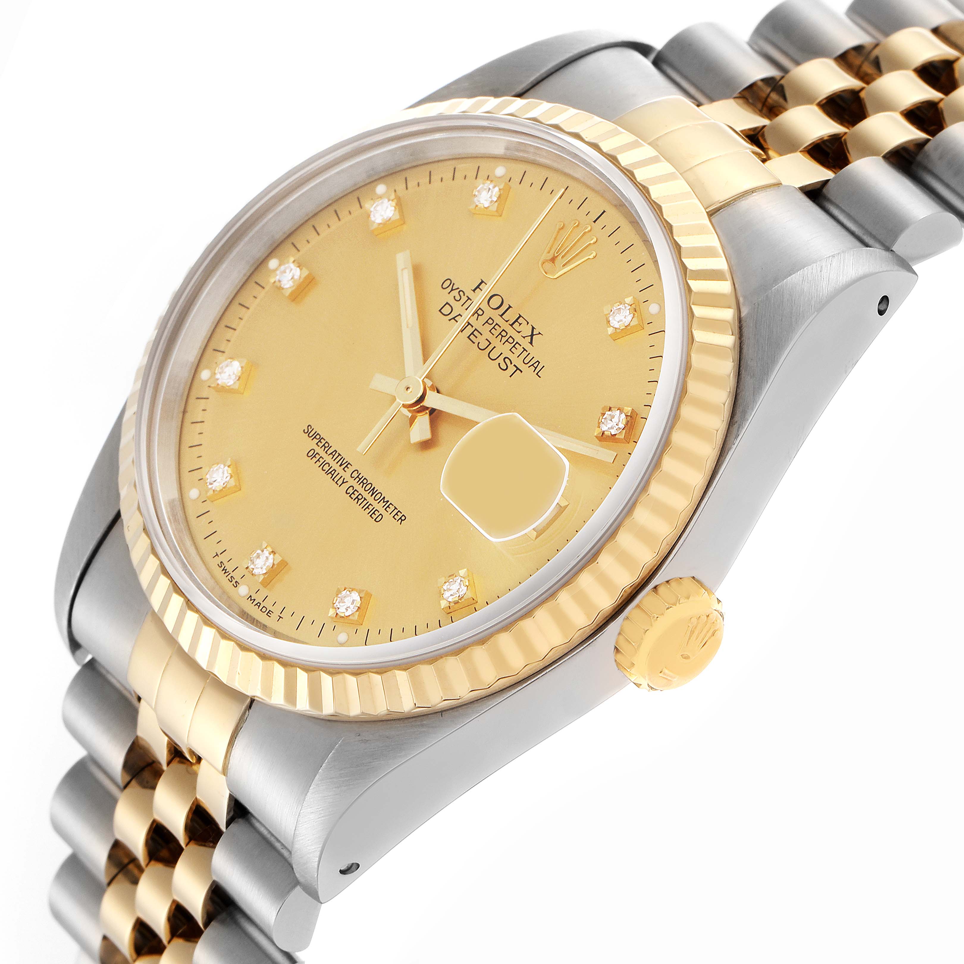 The Rolex Datejust 16233 Men's Steel and Gold (two tone) Champagne Dial 16233 Men's Steel and Gold (two tone) Champagne Dial watch is shown at an angle highlighting the gold bezel, dial, crown, and two-tone bracelet.