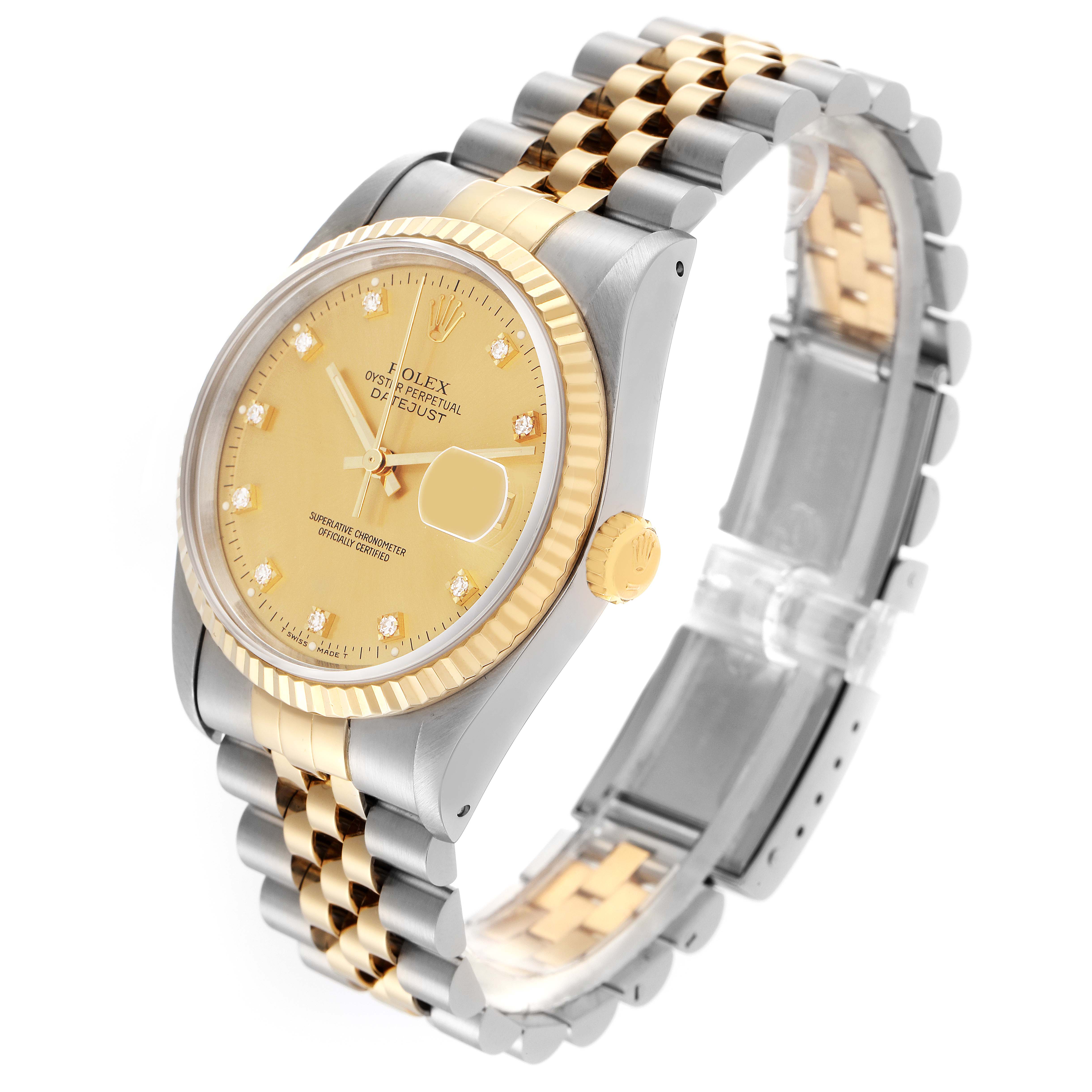 The Rolex Datejust 16233 Men's Steel and Gold (two tone) Champagne Dial 16233 Men's Steel and Gold (two tone) Champagne Dial watch is angled to show the face, crown, and two-tone Jubilee bracelet.