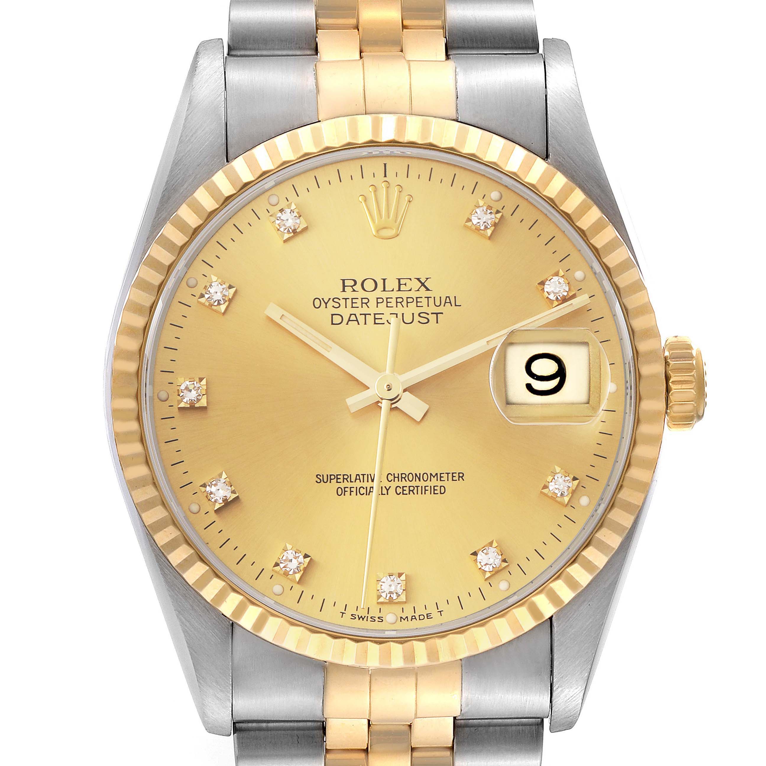 The Rolex Datejust 16233 Men's Steel and Gold (two tone) Champagne Dial 16233 Men's Steel and Gold (two tone) Champagne Dial watch is shown from a front angle, displaying the dial, bezel, bracelet, and crown.