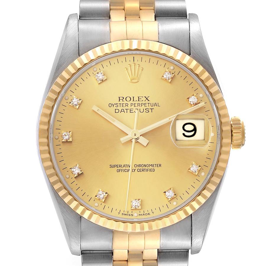 The Rolex Datejust watch is shown from a front angle, displaying the dial, bezel, bracelet, and crown.