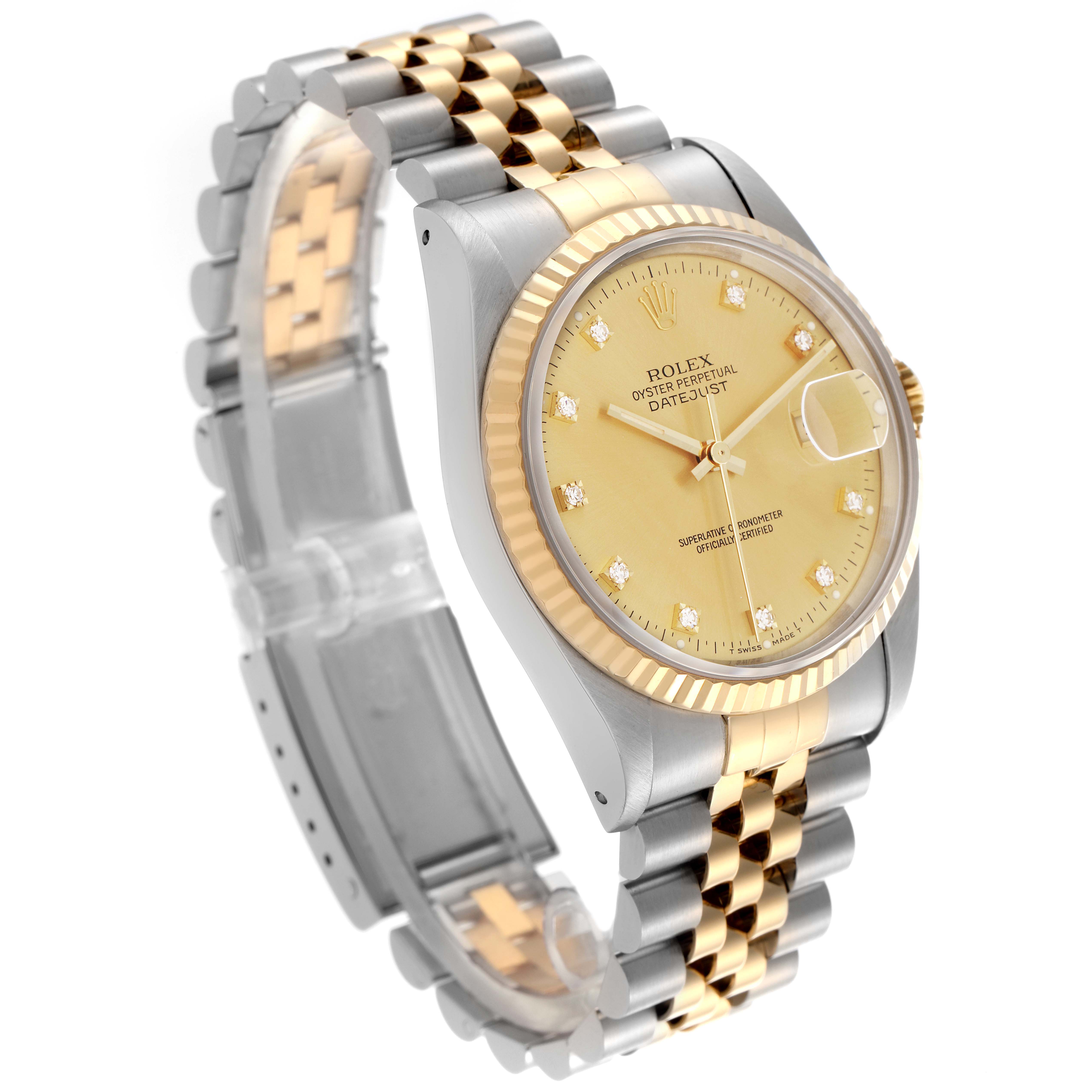 The Rolex Datejust 16233 Men's Steel and Gold (two tone) Champagne Dial 16233 Men's Steel and Gold (two tone) Champagne Dial watch is shown at a three-quarter angle, displaying the dial, bezel, crown, and bracelet.