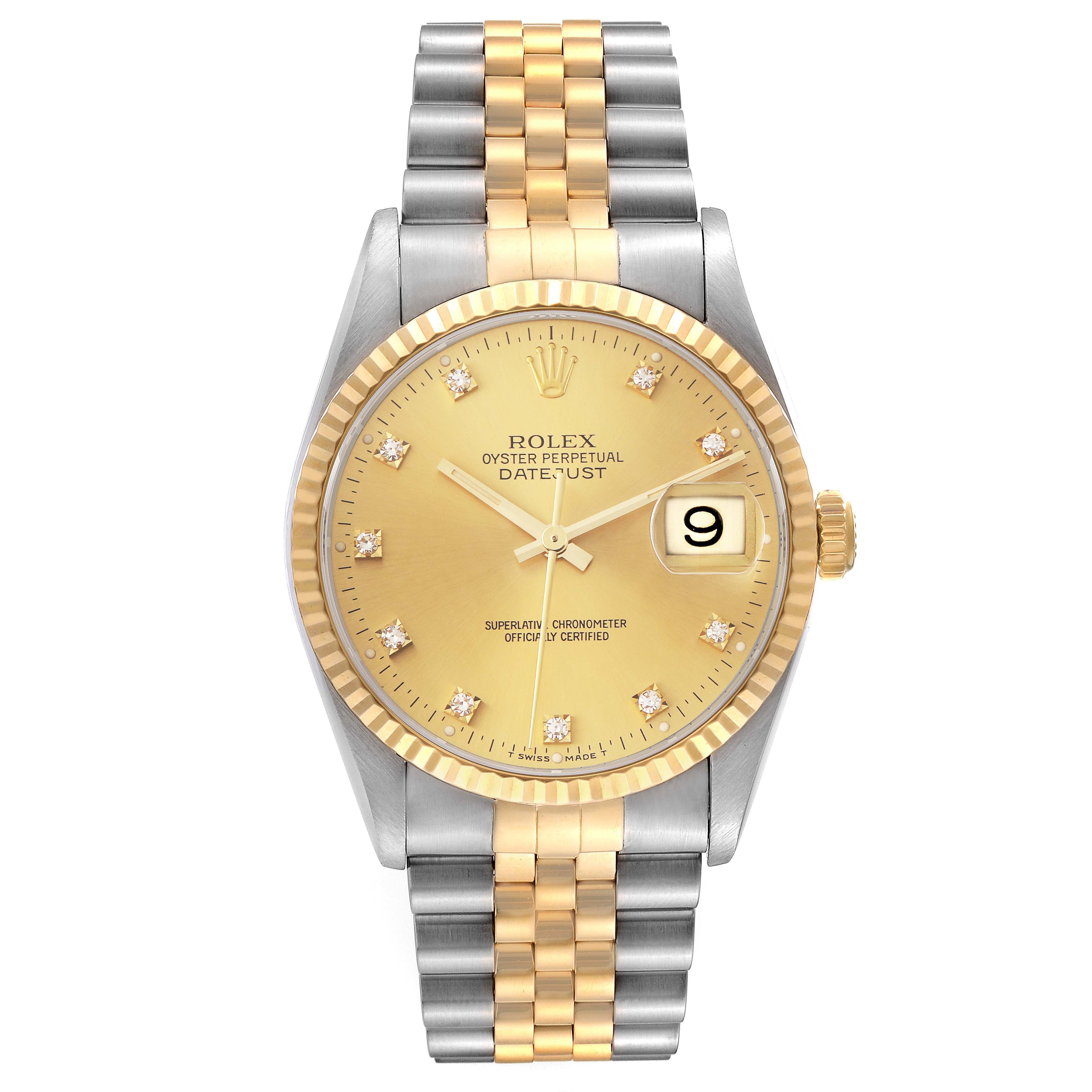 The Rolex Datejust 16233 Men's Steel and Gold (two tone) Champagne Dial 16233 Men's Steel and Gold (two tone) Champagne Dial watch is shown from a front angle, displaying its face, bezel, crown, and Jubilee bracelet.