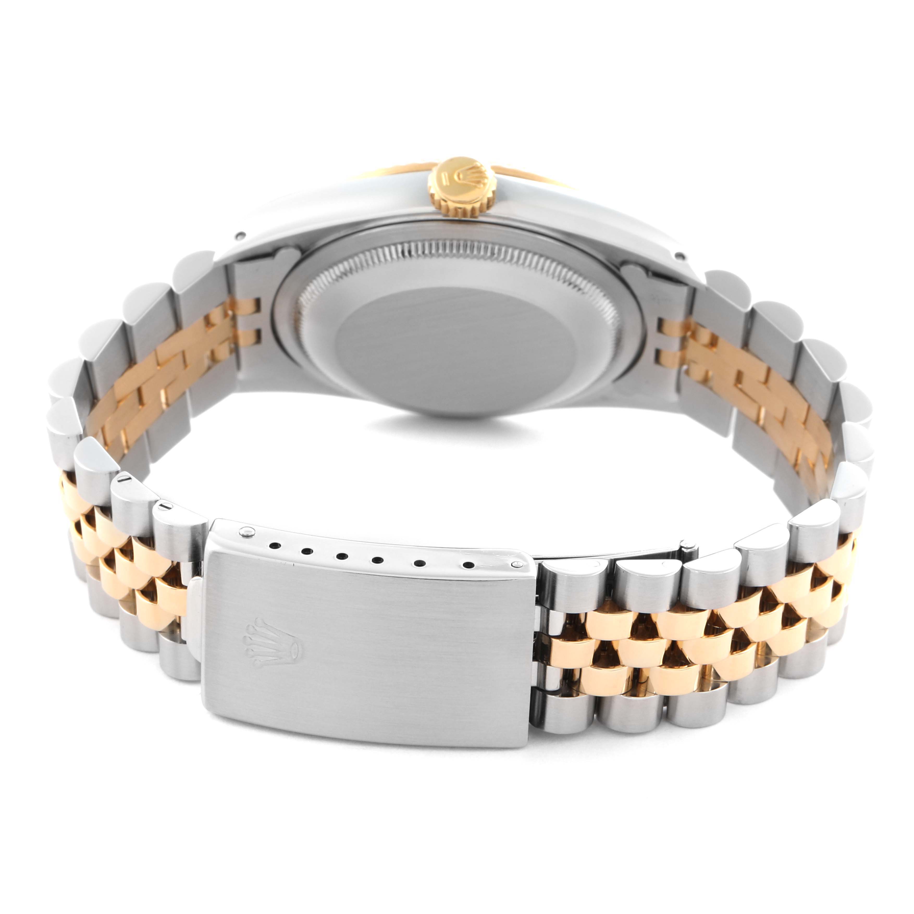 The image shows the back of a Rolex Datejust 16233 Men's Steel and Gold (two tone) Champagne Dial 16233 Men's Steel and Gold (two tone) Champagne Dial watch, featuring its clasp, bracelet, and caseback from a rear angle.