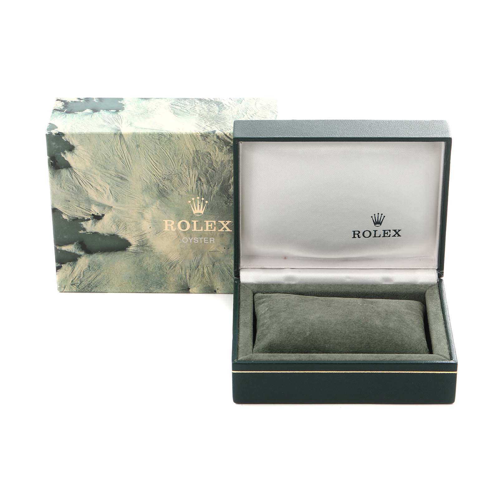 The image shows an open Rolex Datejust 16233 Men's Steel and Gold (two tone) Champagne Dial 16233 Men's Steel and Gold (two tone) Champagne Dial watch box with a protective outer box beside it, photographed from the front.