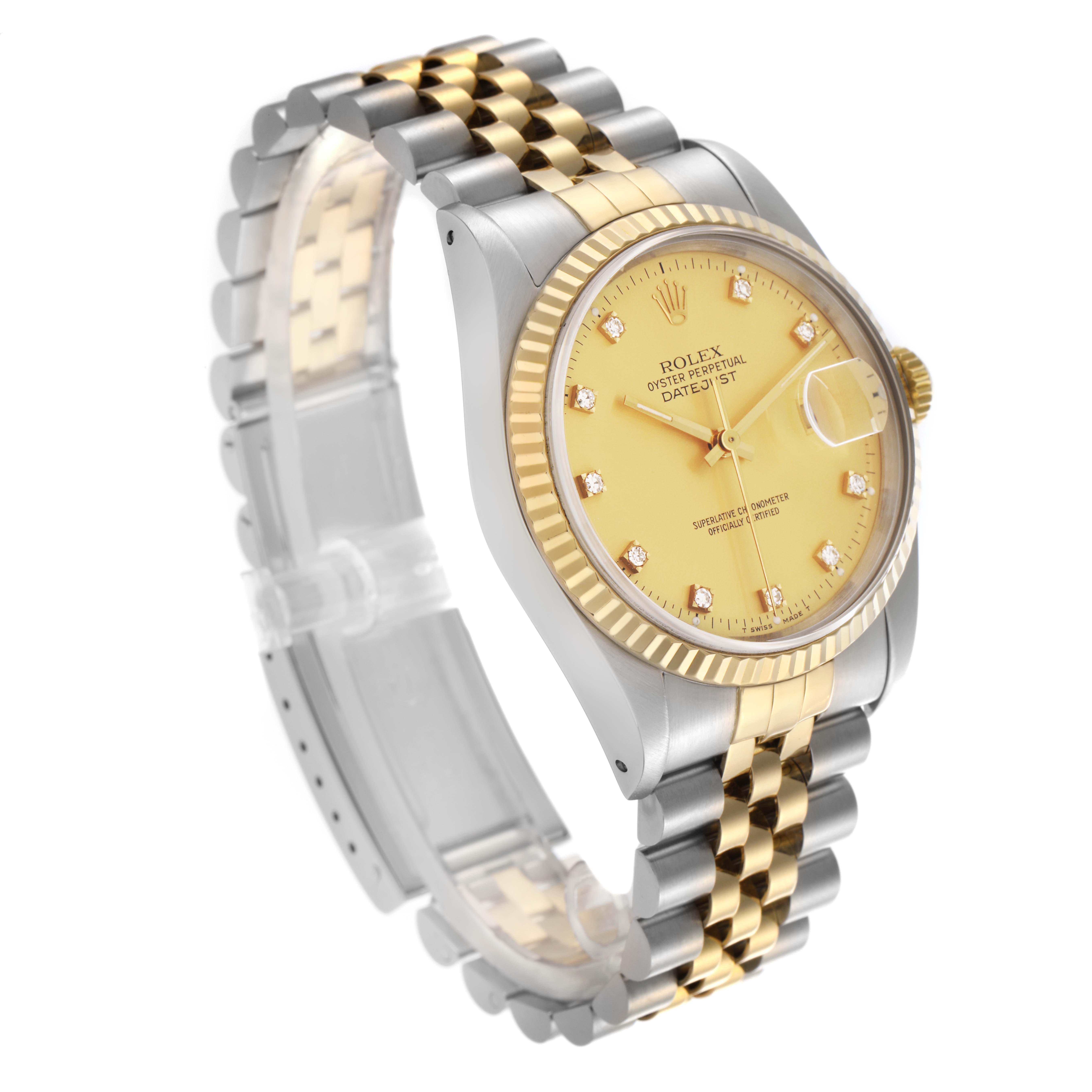 The Rolex Datejust 16233 Men's Steel and Gold (two tone) Champagne Dial 16233 Men's Steel and Gold (two tone) Champagne Dial watch is shown at a three-quarter angle, displaying the face, fluted bezel, and two-tone bracelet.