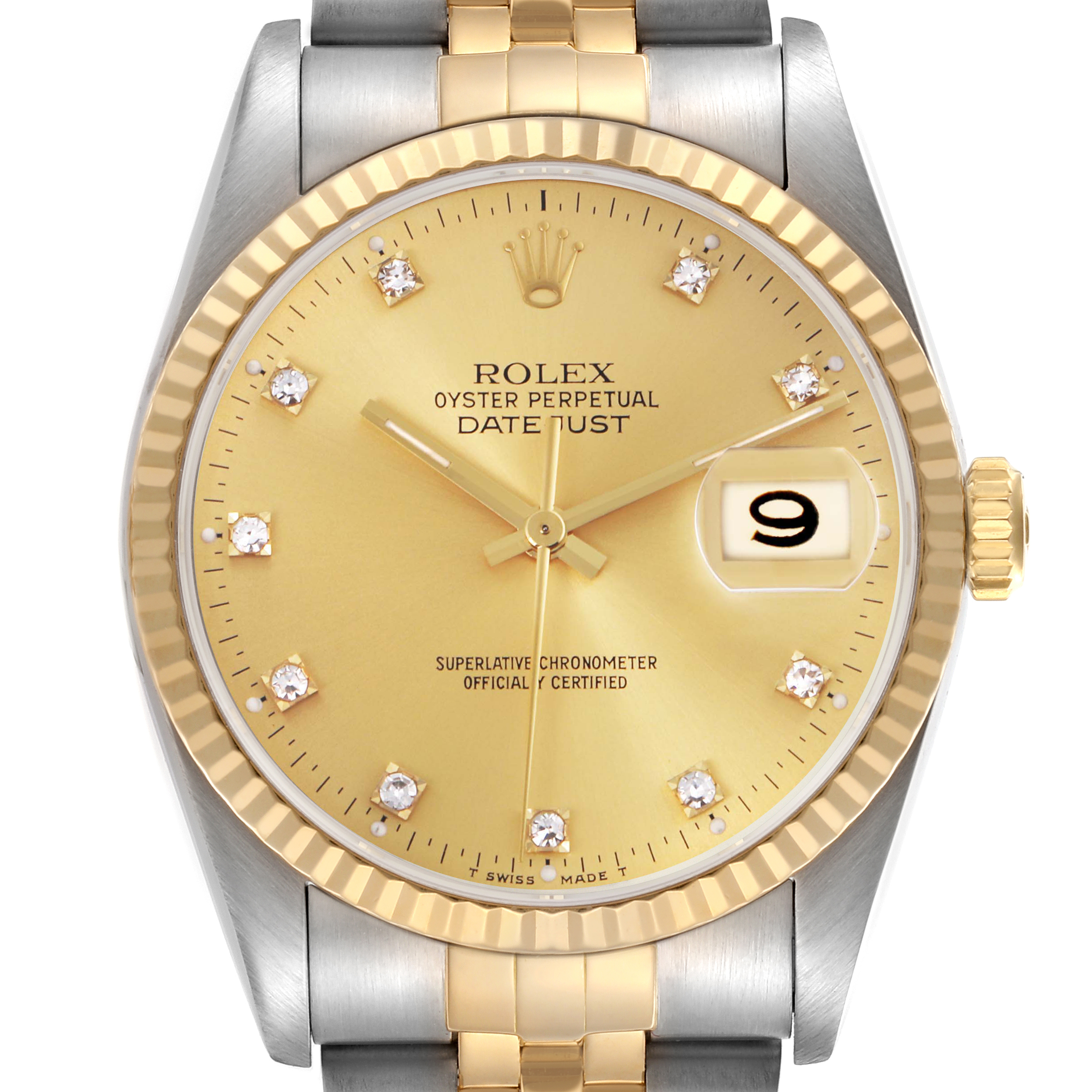 The Rolex Datejust 16233 Men's Steel and Gold (two tone) Champagne Dial 16233 Men's Steel and Gold (two tone) Champagne Dial watch is shown from the front, capturing the dial, bezel, crown, and part of the bracelet.