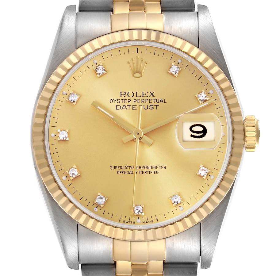 The Rolex Datejust watch is shown from the front, capturing the dial, bezel, crown, and part of the bracelet.