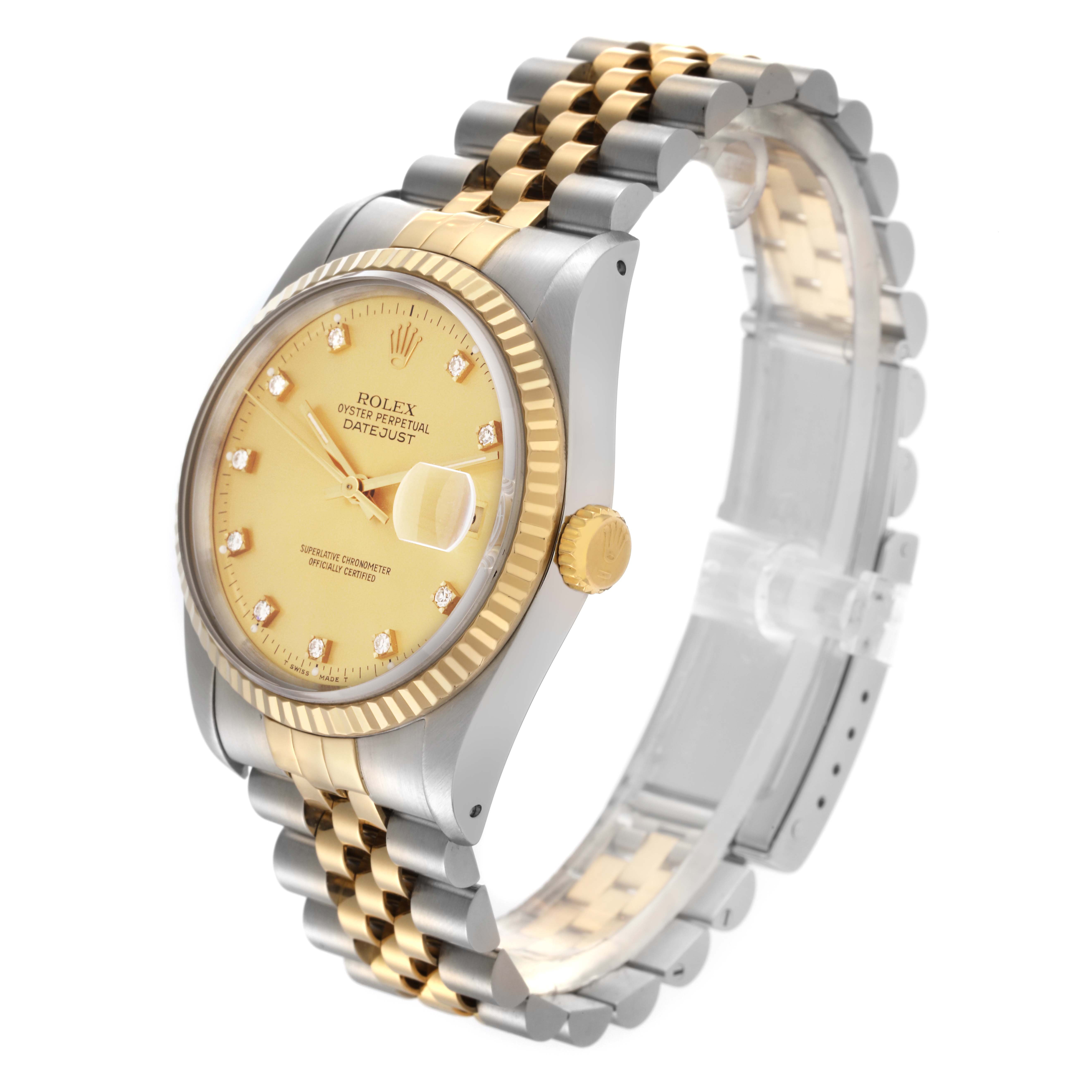 The Rolex Datejust 16233 Men's Steel and Gold (two tone) Champagne Dial 16233 Men's Steel and Gold (two tone) Champagne Dial watch is shown at a three-quarter angle, displaying the bracelet, bezel, crown, and face with a date magnifier.