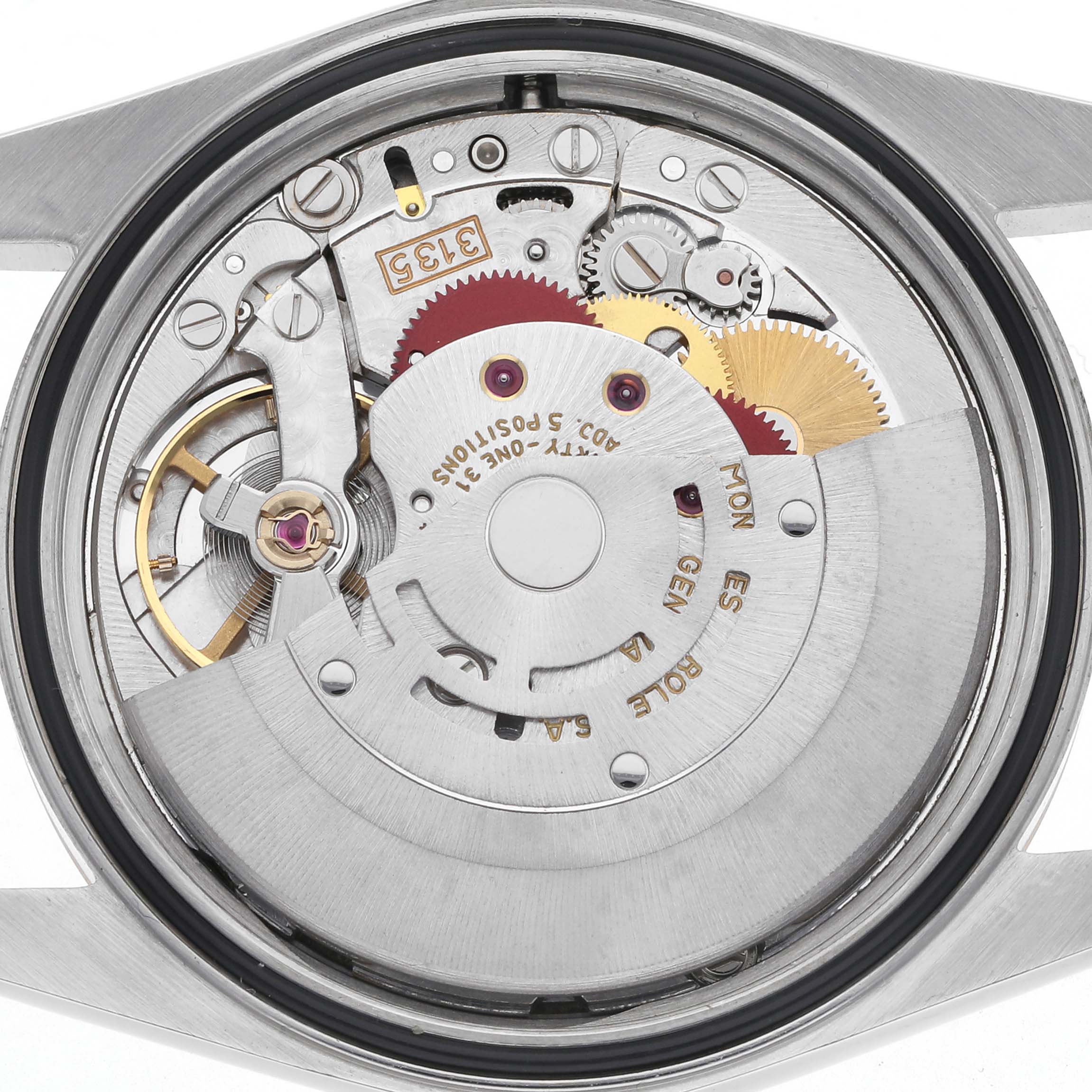 The image shows the back view of a Rolex Datejust 16233 Men's Steel and Gold (two tone) Champagne Dial 16233 Men's Steel and Gold (two tone) Champagne Dial, displaying the intricate movement and gears inside.