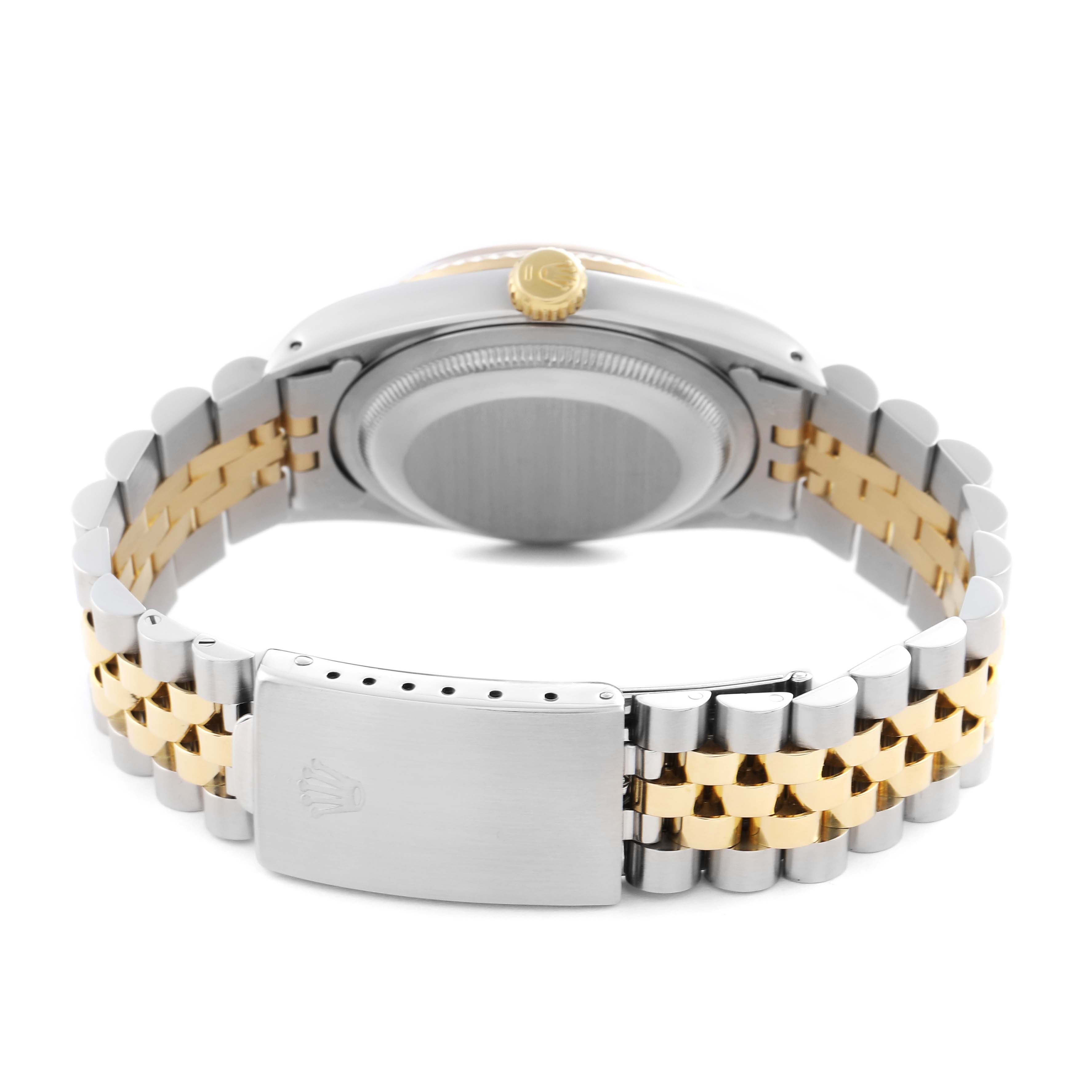 The image shows the back of a Rolex Datejust 16233 Men's Steel and Gold (two tone) Champagne Dial 16233 Men's Steel and Gold (two tone) Champagne Dial, highlighting the bracelet, clasp, and case back.