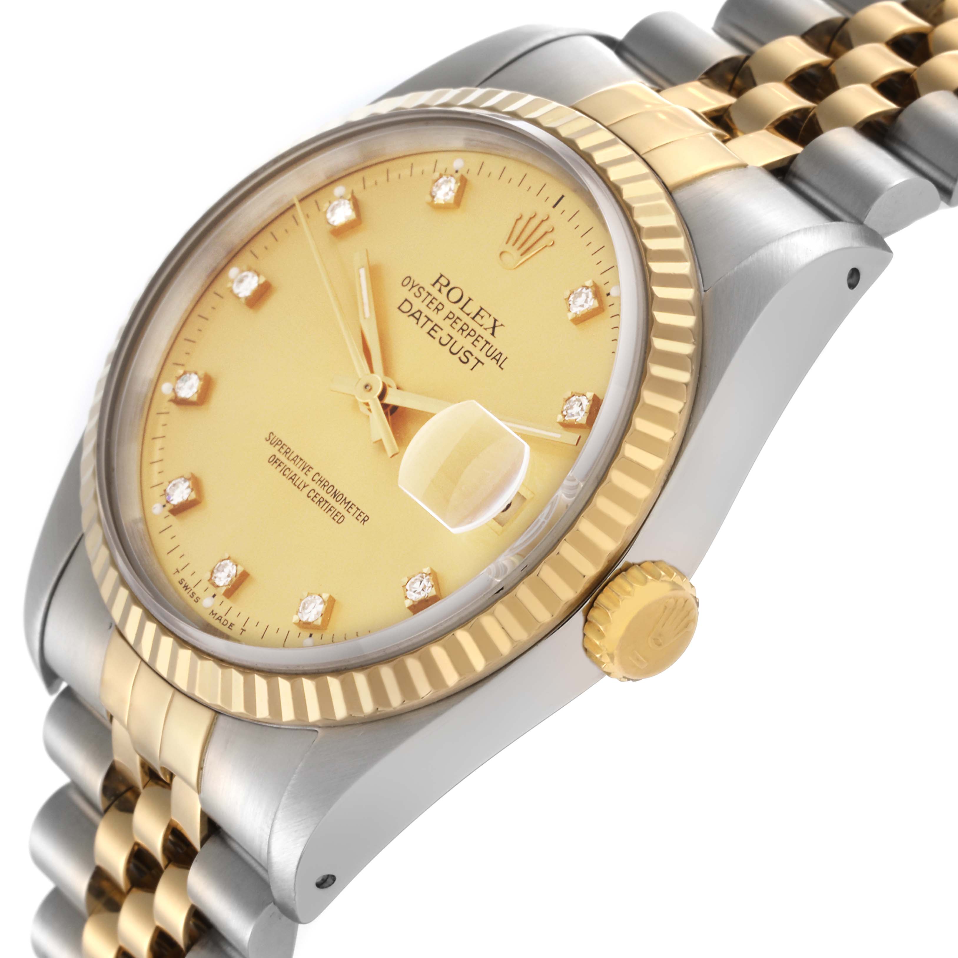 The Rolex Datejust 16233 Men's Steel and Gold (two tone) Champagne Dial 16233 Men's Steel and Gold (two tone) Champagne Dial watch is shown at an angle highlighting its face, bezel, crown, and part of the bracelet.