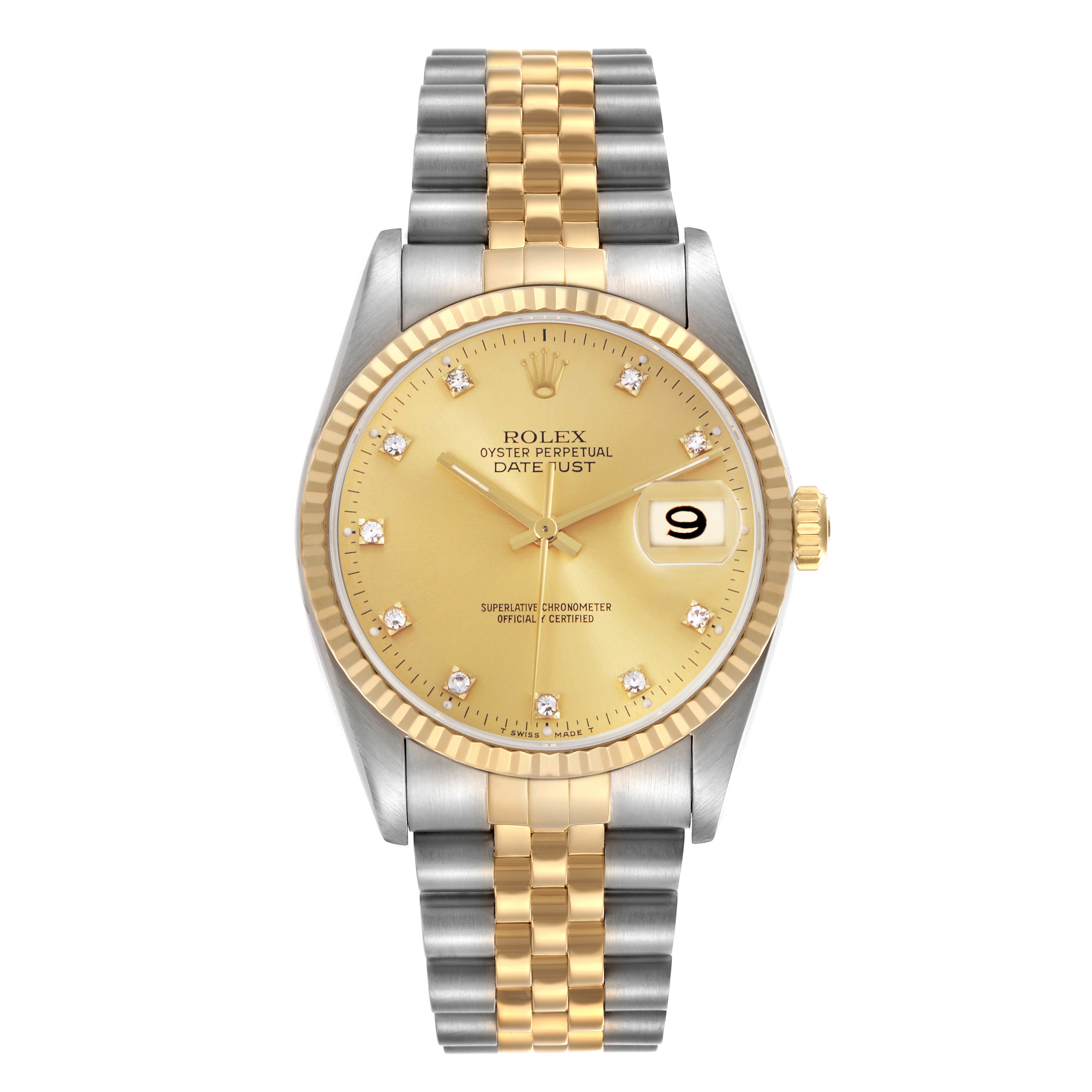The Rolex Datejust 16233 Men's Steel and Gold (two tone) Champagne Dial 16233 Men's Steel and Gold (two tone) Champagne Dial watch is shown from the front, displaying its dial, bezel, and two-tone bracelet.