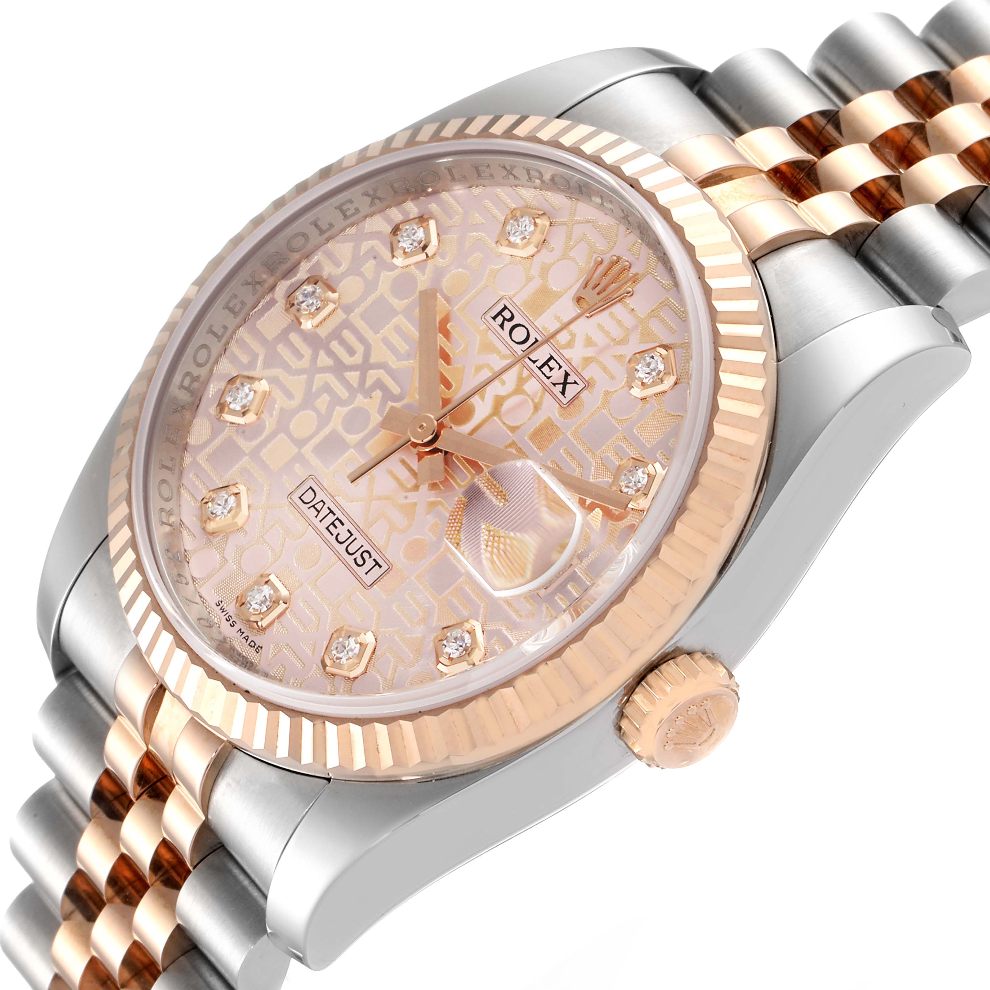 This image shows a Rolex Datejust 116231 Men's Steel and Gold (two tone) Pink Dial 116231 Men's Steel and Gold (two tone) Pink Dial watch with a partial view of the face, crown, bezel, and bracelet at an angle.