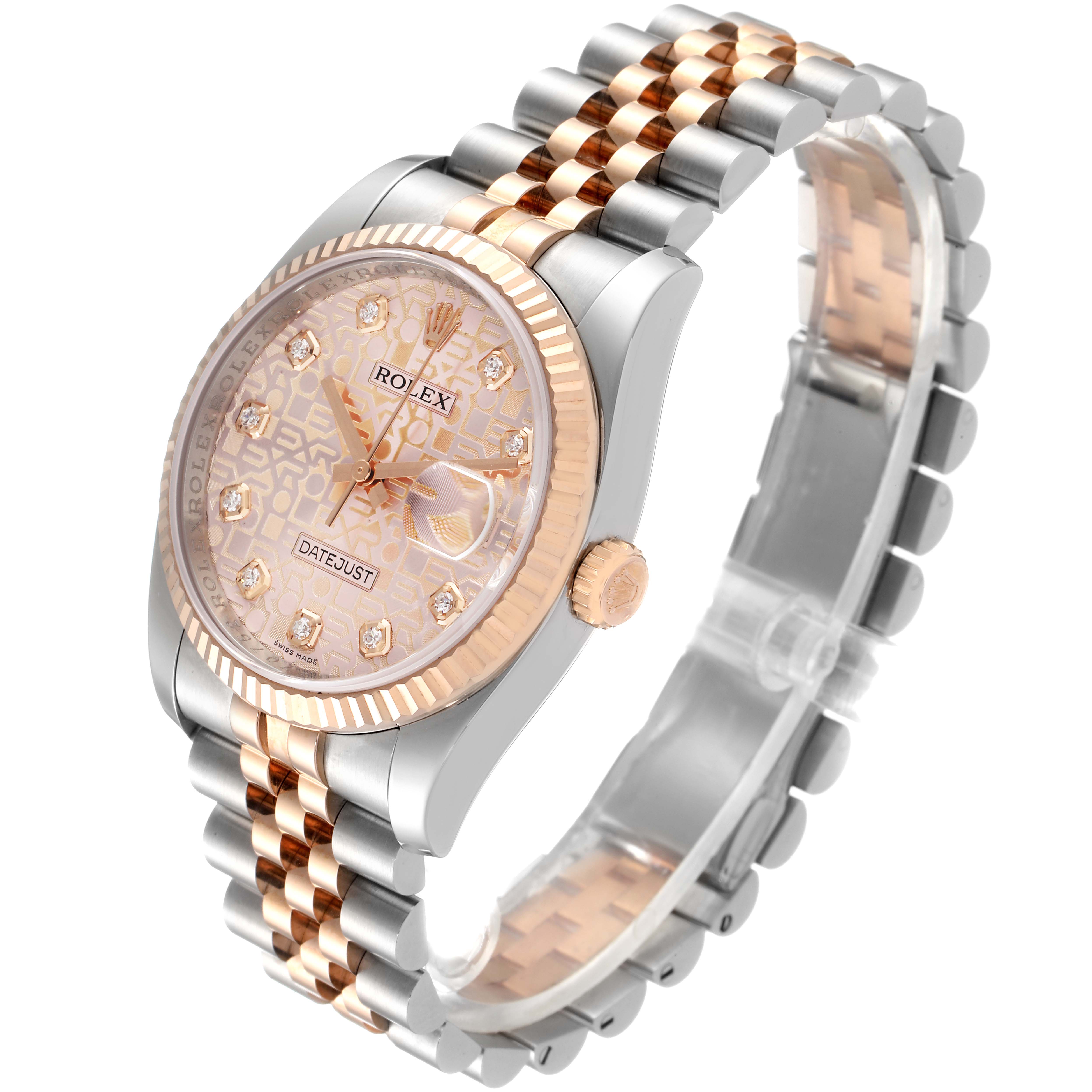 The image shows a Rolex Datejust 116231 Men's Steel and Gold (two tone) Pink Dial 116231 Men's Steel and Gold (two tone) Pink Dial watch at an angled view, highlighting the face, bezel, crown, and two-tone jubilee bracelet.