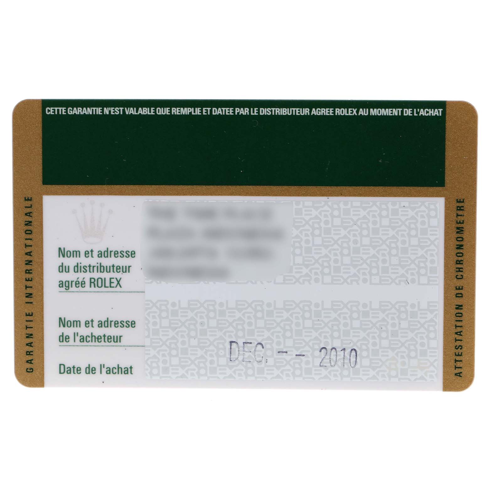 This image shows the warranty card for a Rolex Datejust 116231 Men's Steel and Gold (two tone) Pink Dial 116231 Men's Steel and Gold (two tone) Pink Dial watch.