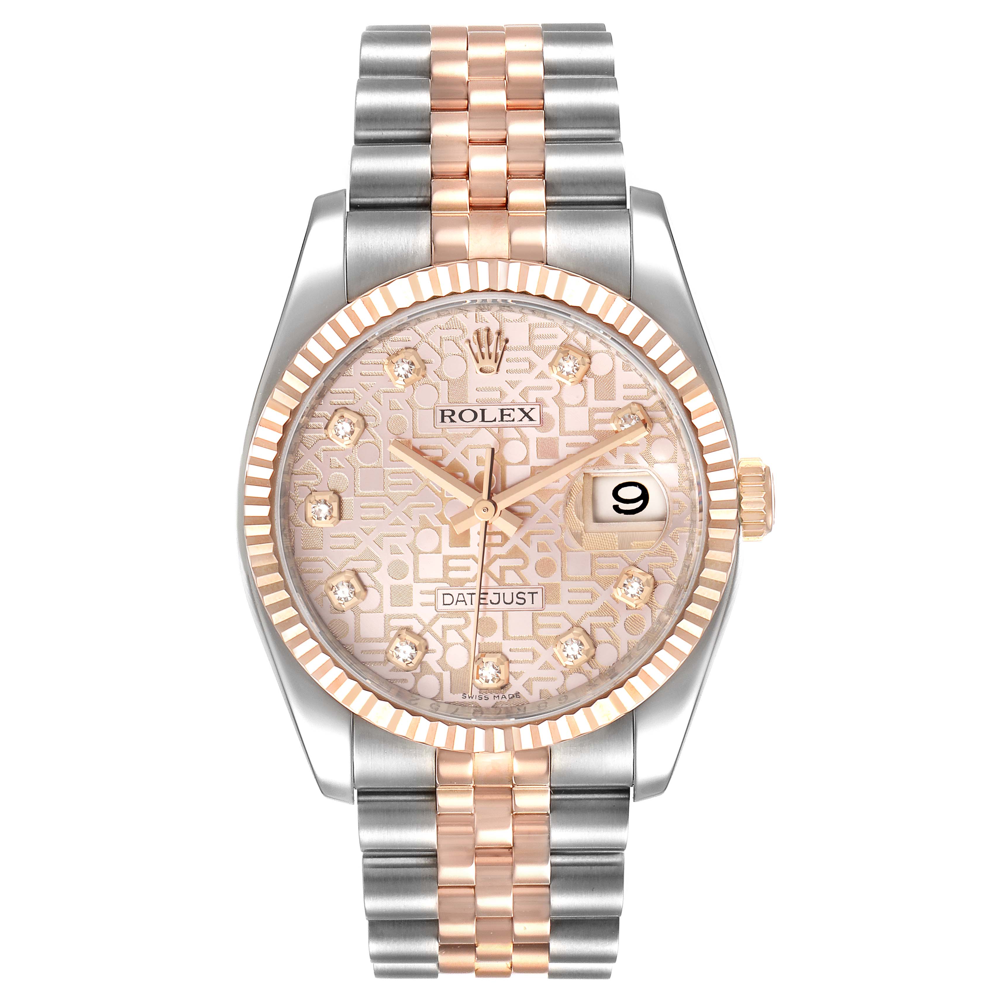 This image shows a Rolex Datejust 116231 Men's Steel and Gold (two tone) Pink Dial 116231 Men's Steel and Gold (two tone) Pink Dial watch with a rose gold and silver band, fluted bezel, and diamond hour markers, viewed from the front.