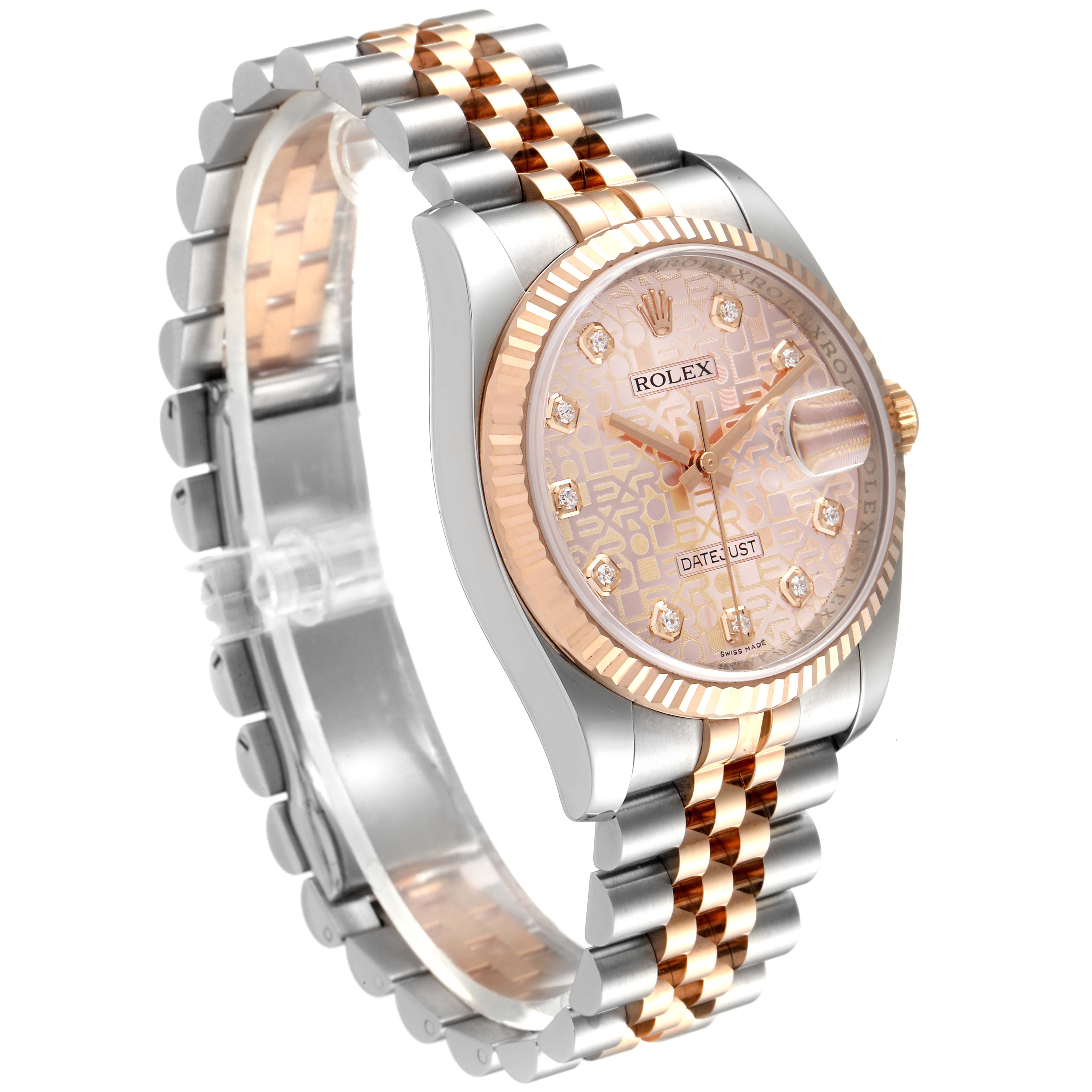 The Rolex Datejust 116231 Men's Steel and Gold (two tone) Pink Dial 116231 Men's Steel and Gold (two tone) Pink Dial watch is shown at a slight angle, revealing its face, bezel, and two-tone bracelet.