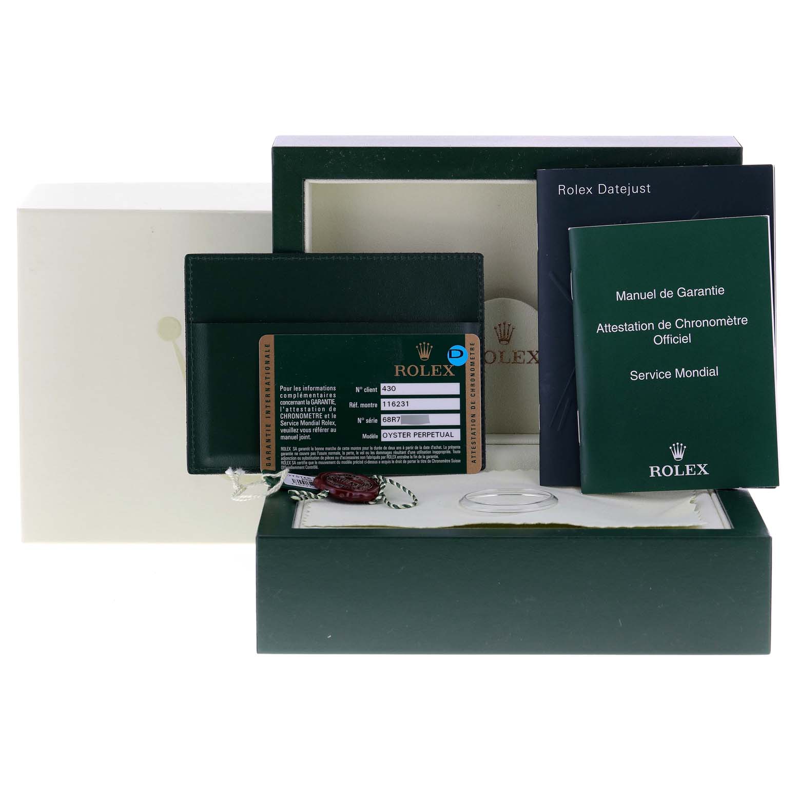 The image shows the packaging, manuals, warranty card, and accessories for a Rolex Datejust 116231 Men's Steel and Gold (two tone) Pink Dial 116231 Men's Steel and Gold (two tone) Pink Dial model.