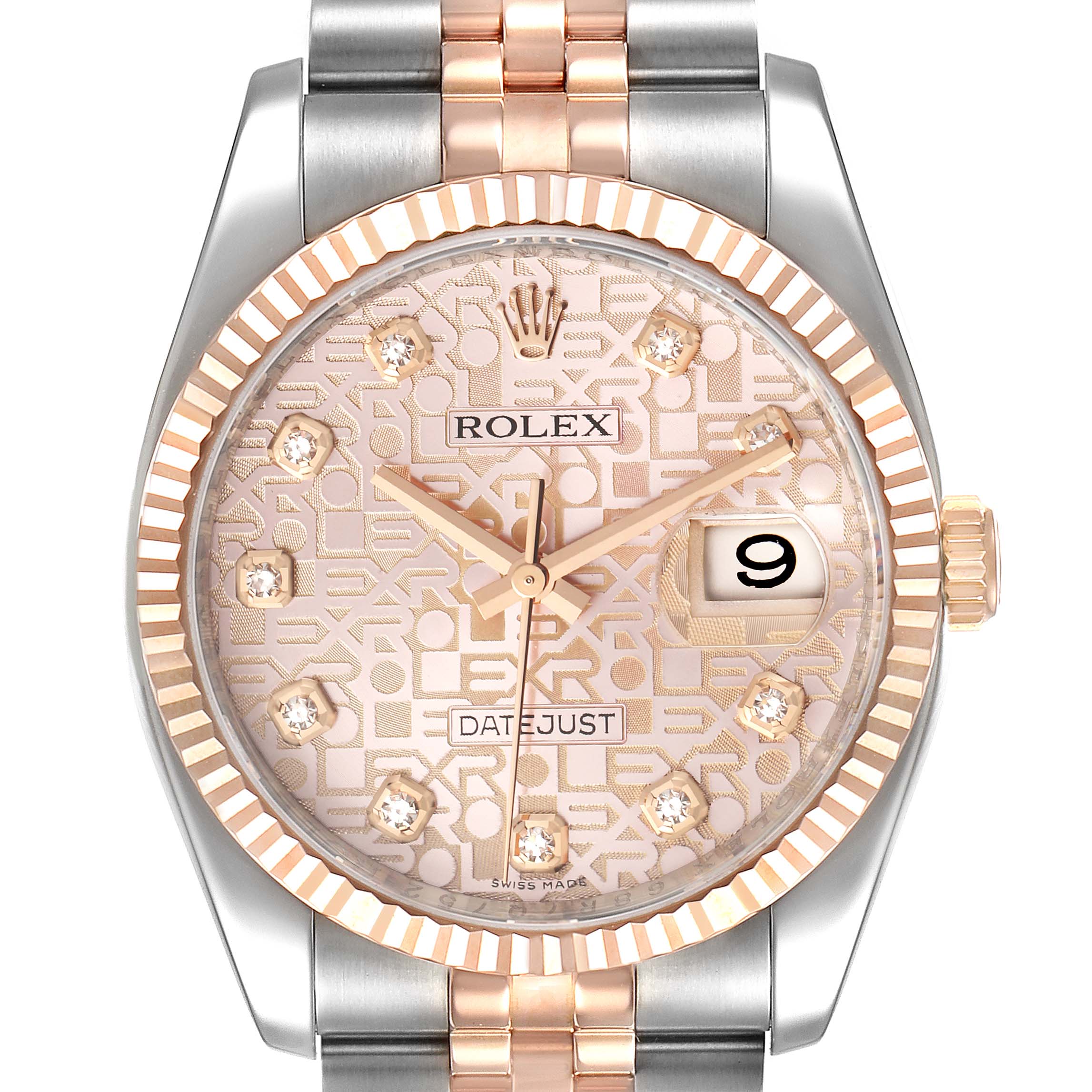 The image shows a frontal view of a Rolex Datejust 116231 Men's Steel and Gold (two tone) Pink Dial 116231 Men's Steel and Gold (two tone) Pink Dial watch featuring a fluted bezel, diamond hour markers, and a jubilee bracelet.