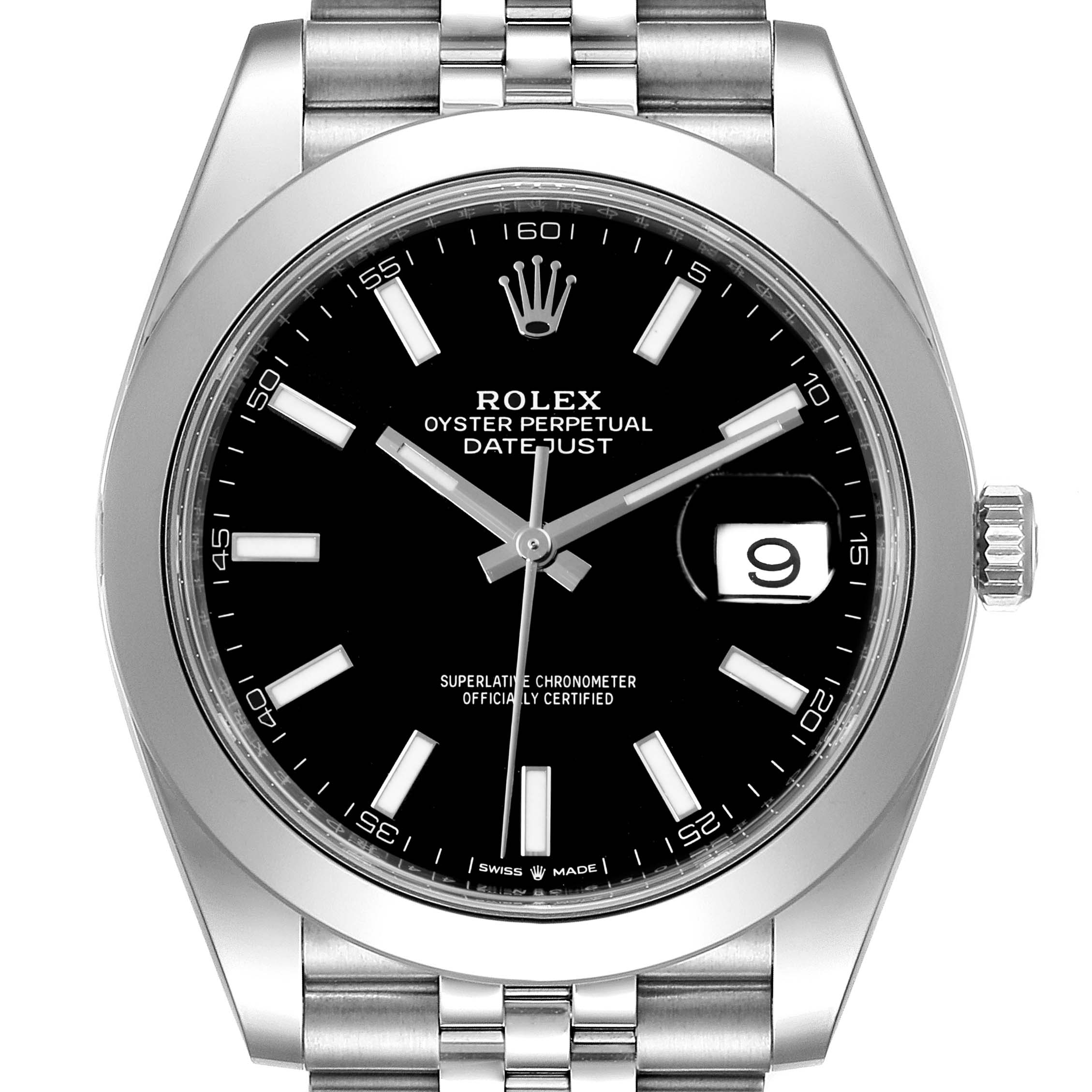 The image shows a front view of the Rolex Datejust 41 126300 Men's Stainless Steel Black Dial 126300 Men's Stainless Steel Black Dial watch, displaying its face, bezel, and bracelet.