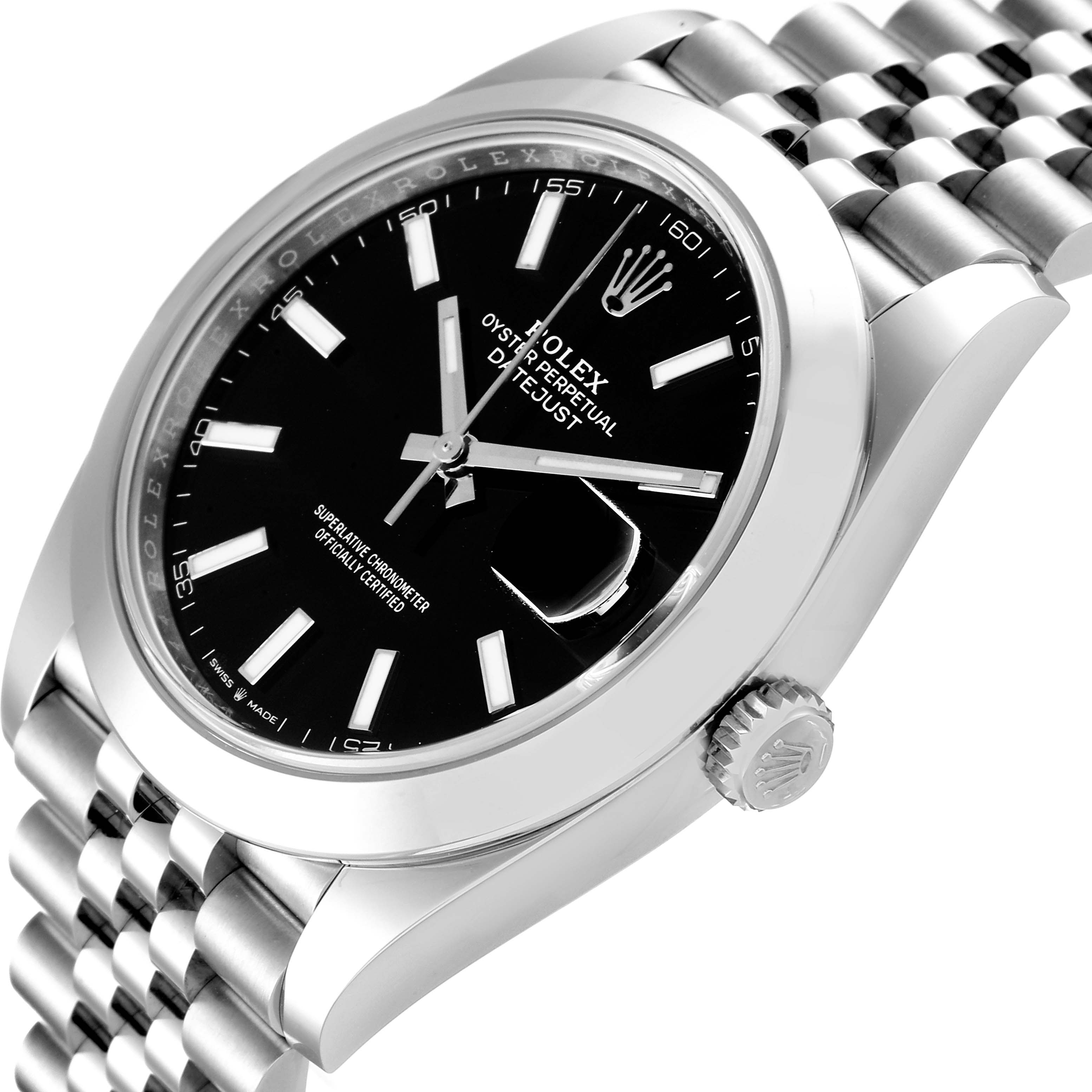 The Rolex Datejust 41 126300 Men's Stainless Steel Black Dial 126300 Men's Stainless Steel Black Dial watch is shown at an angled top-front view, highlighting the black dial, bezel, and crown.