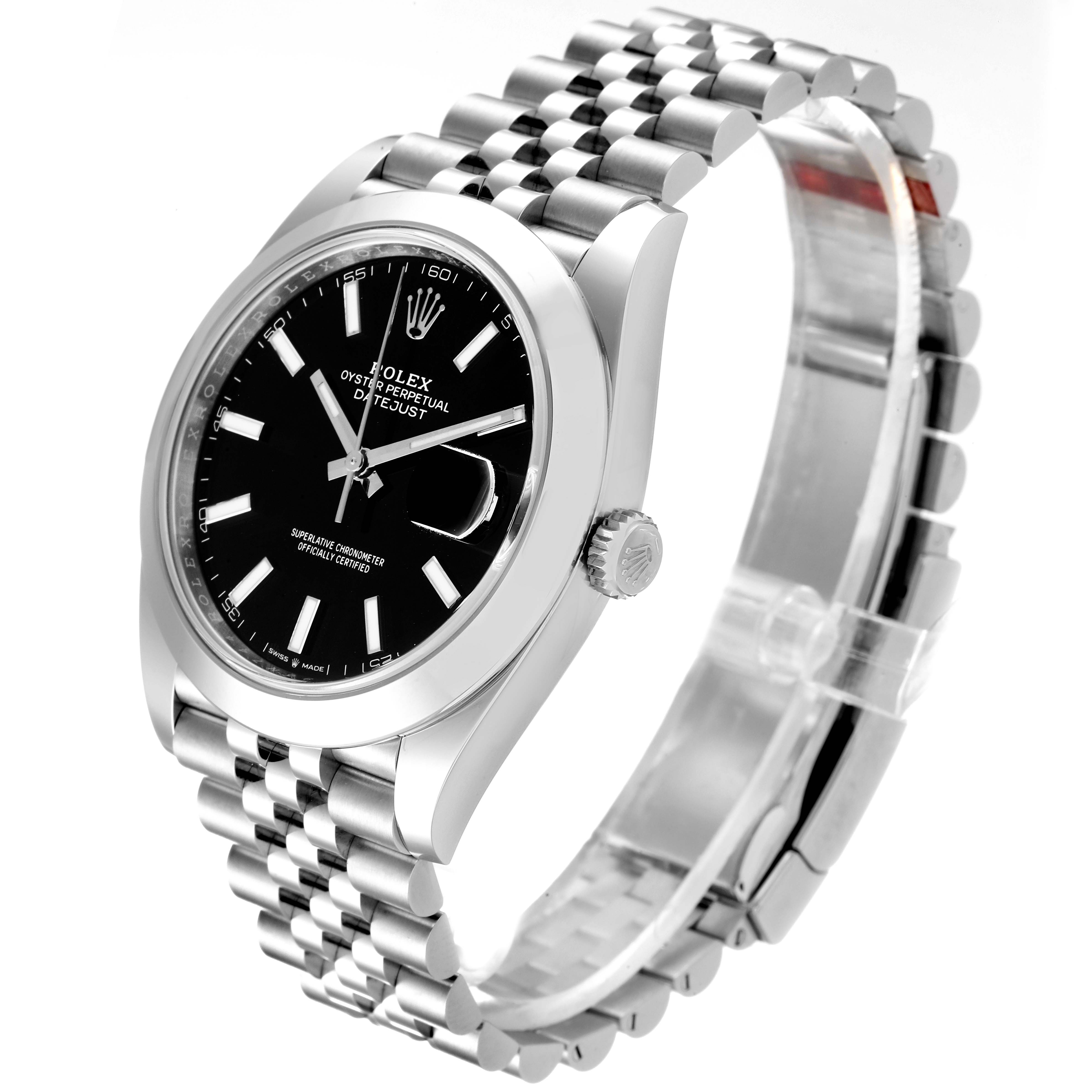 The image shows a side angle of the Rolex Datejust 41 126300 Men's Stainless Steel Black Dial 126300 Men's Stainless Steel Black Dial, highlighting its black dial, bezel, crown, and bracelet.