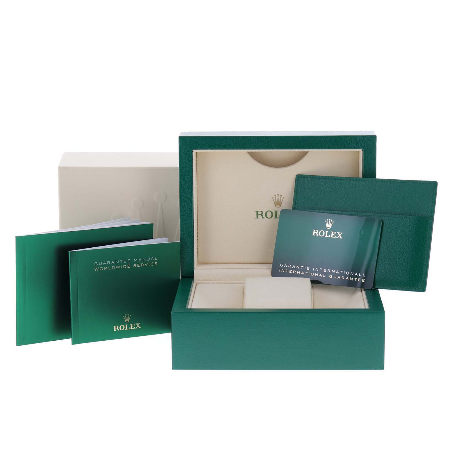 The image shows the packaging and accessories of a Rolex Datejust 41 126300 Men's Stainless Steel Black Dial 126300 Men's Stainless Steel Black Dial, including the box, guarantee manual, and warranty card.