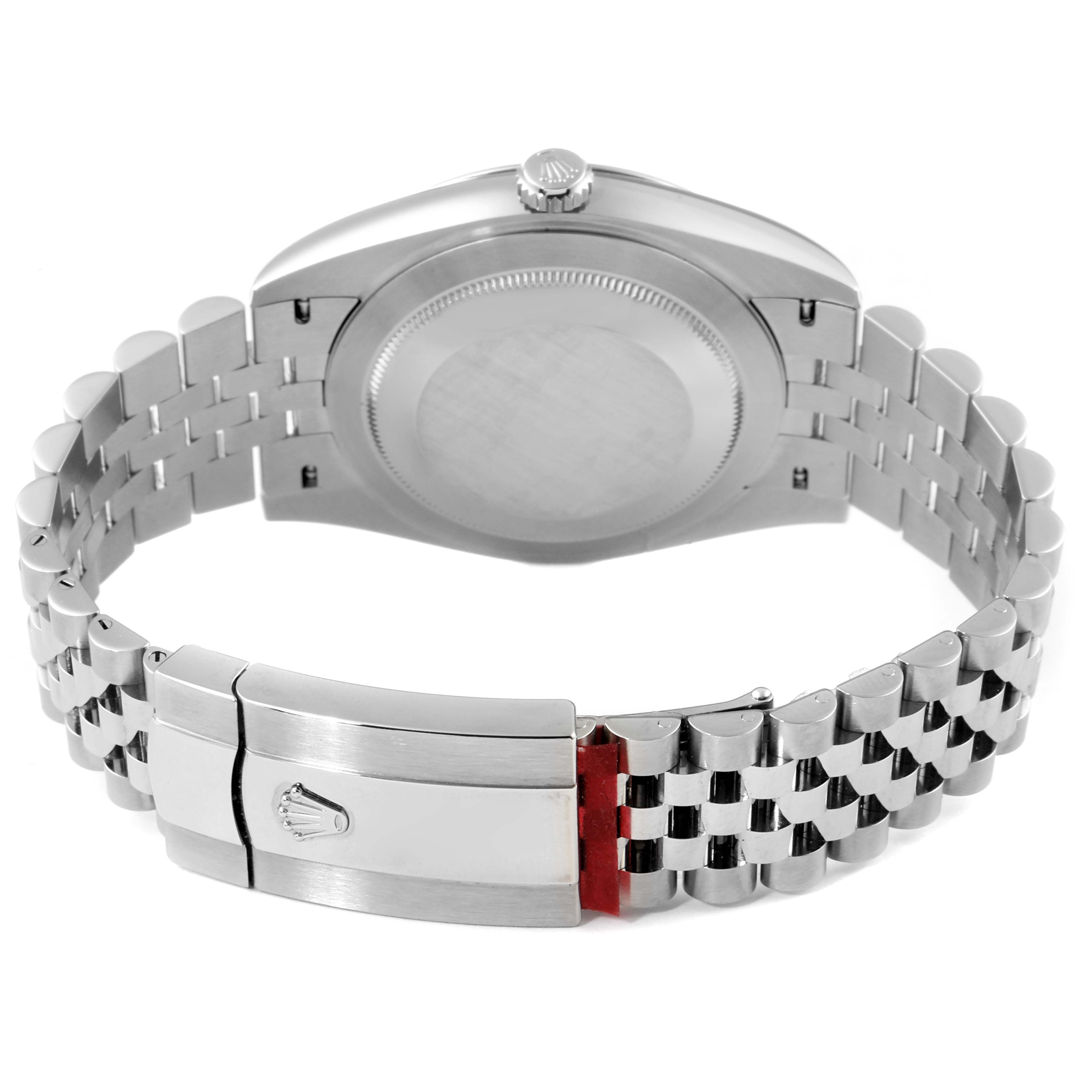 The image shows the back view of a Rolex Datejust 41 126300 Men
s Stainless Steel Blue Dial 126300 Men
s Stainless Steel Blue Dial watch, highlighting the case back, bracelet, and clasp.