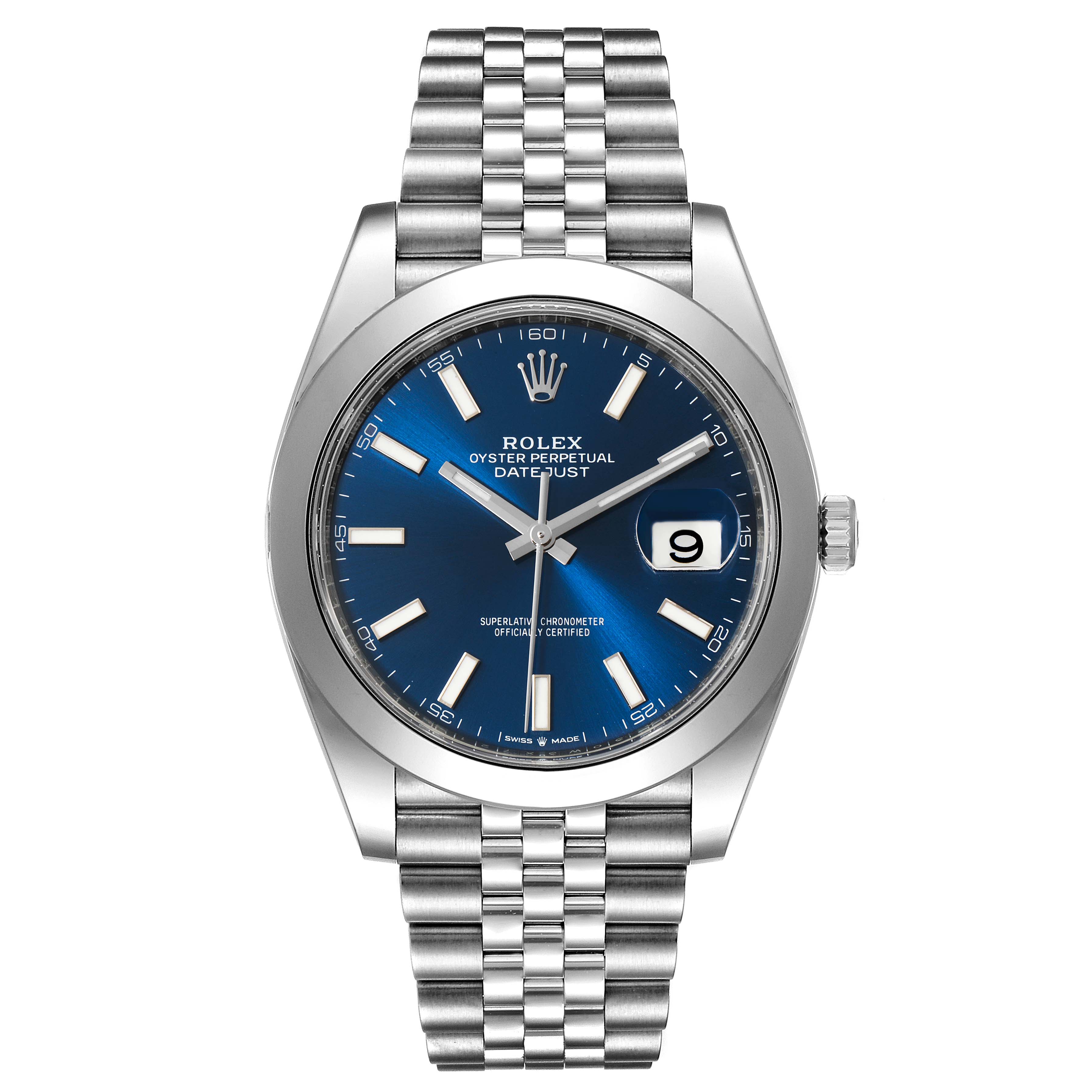 This Rolex Datejust 41 126300 Men
s Stainless Steel Blue Dial 126300 Men
s Stainless Steel Blue Dial watch is shown from the front, highlighting its blue dial, stainless steel case, and jubilee bracelet.