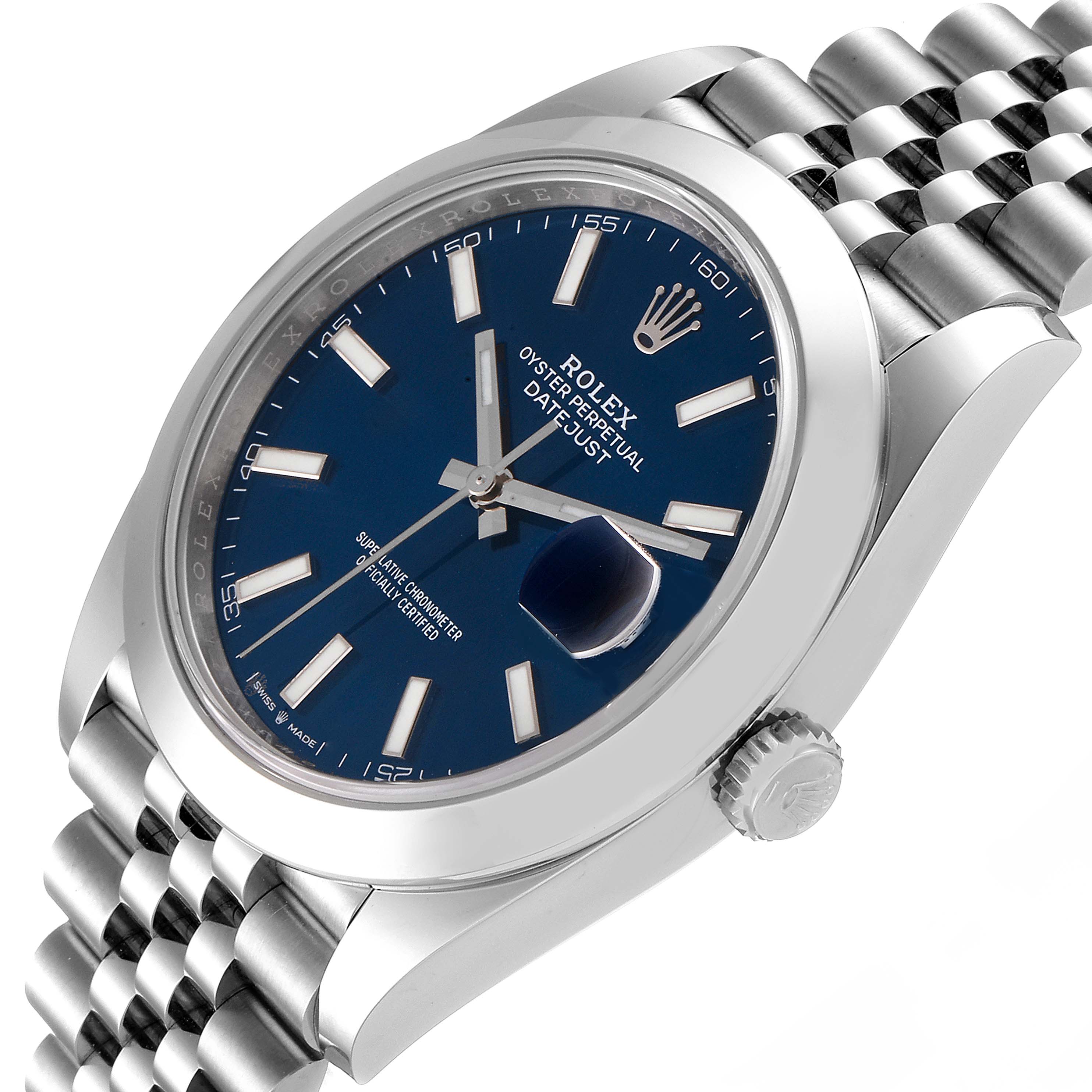 This image shows a close-up, angled view of the Rolex Datejust 41 126300 Men
s Stainless Steel Blue Dial 126300 Men
s Stainless Steel Blue Dial watch
s blue dial, bezel, Jubilee bracelet, and winding crown.