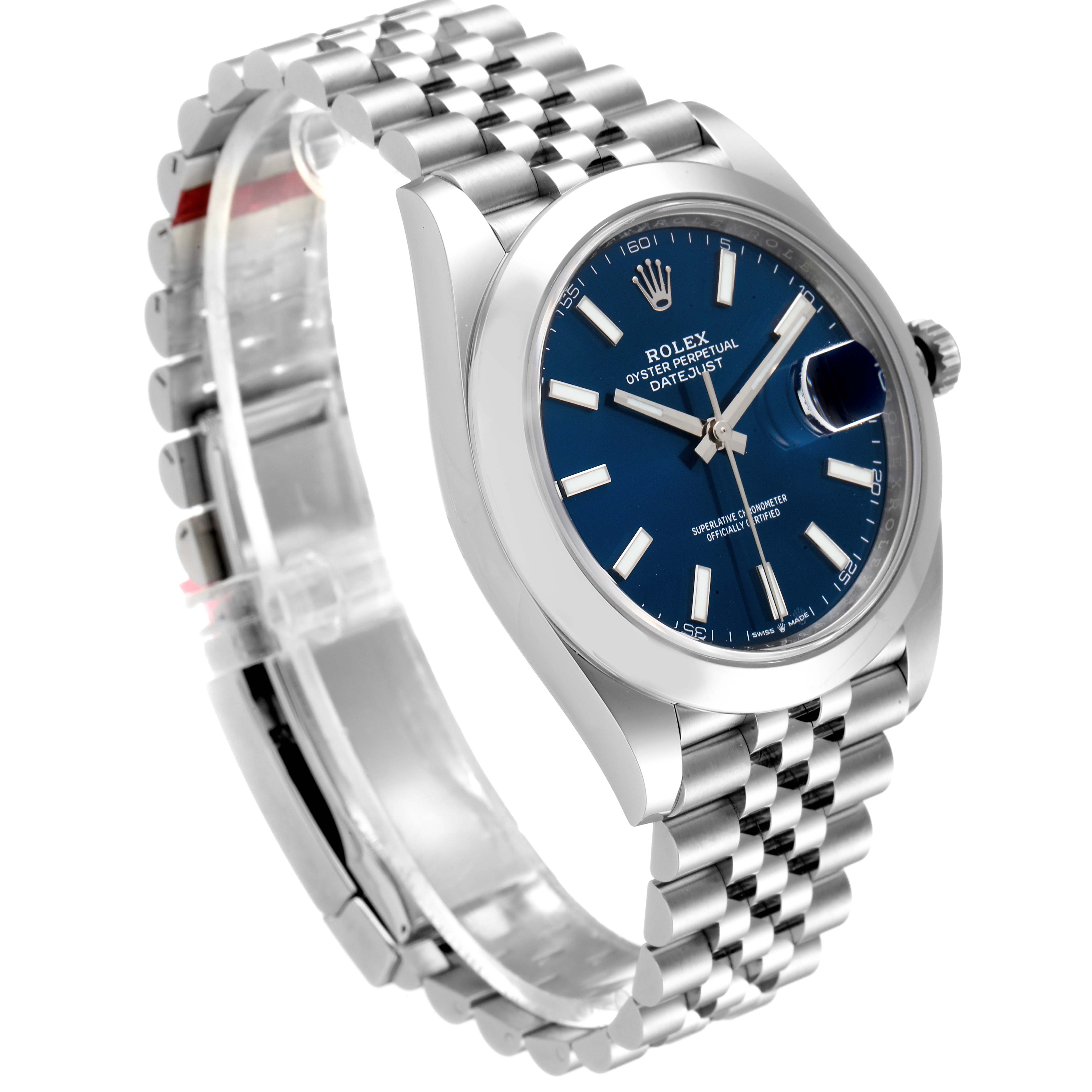 This image shows a side angle of the Rolex Datejust 41 126300 Men
s Stainless Steel Blue Dial 126300 Men
s Stainless Steel Blue Dial watch, highlighting its blue dial, fluted bezel, and Jubilee bracelet.