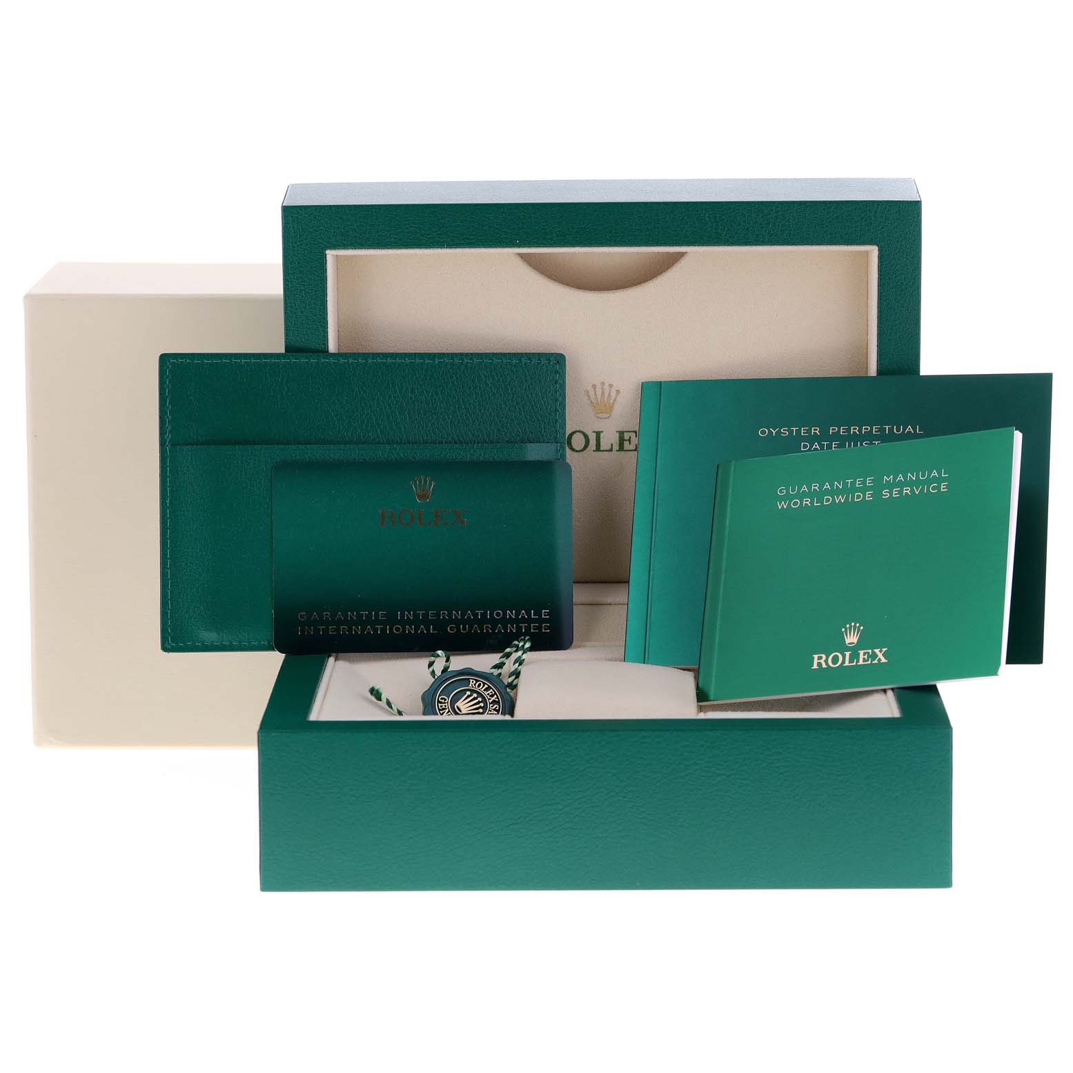 The image shows the packaging, warranty cards, and manuals for a Rolex Datejust 41 126300 Men
s Stainless Steel Blue Dial 126300 Men
s Stainless Steel Blue Dial watch.