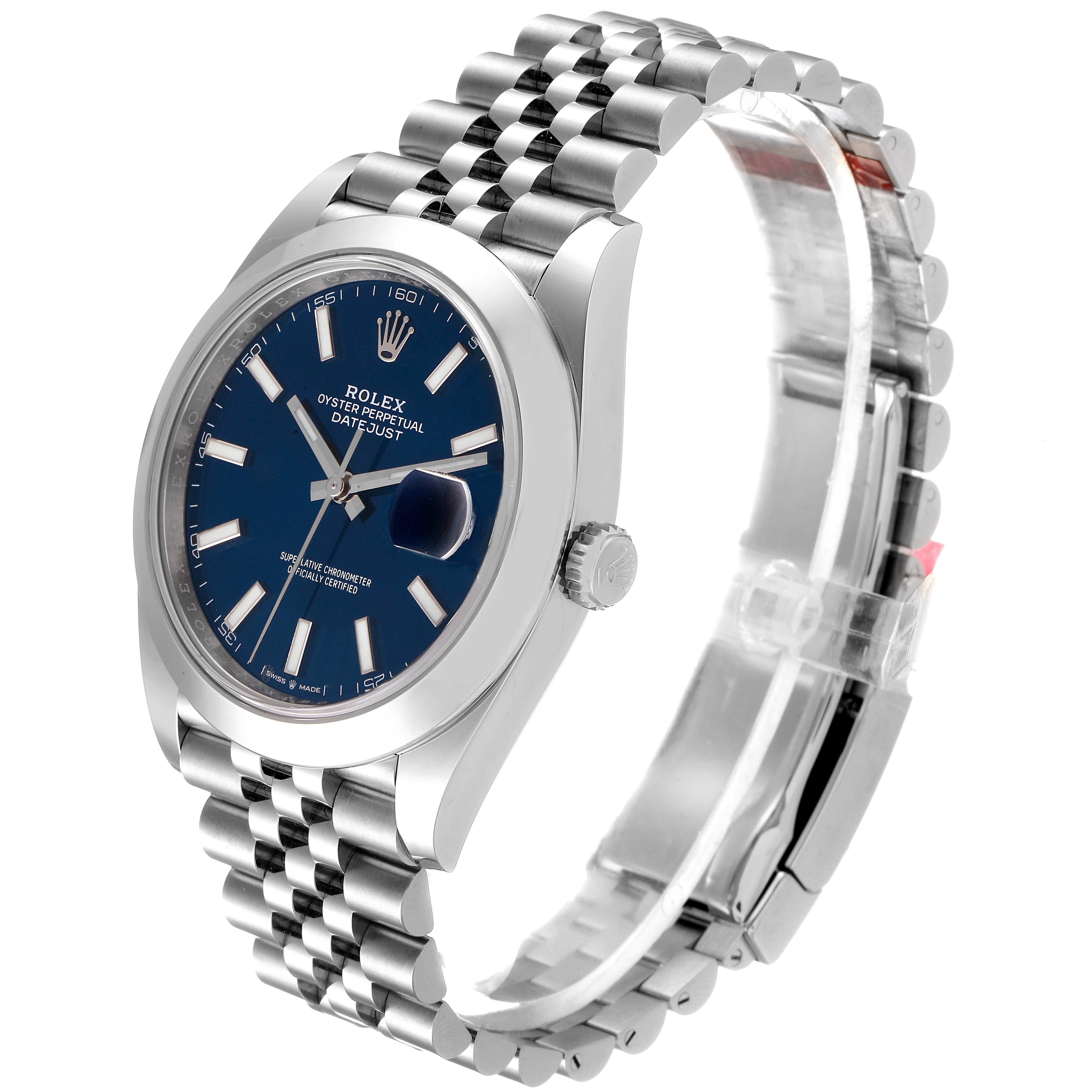 The image shows a side angle of the Rolex Datejust 41 126300 Men
s Stainless Steel Blue Dial 126300 Men
s Stainless Steel Blue Dial watch, featuring the face, bezel, crown, and part of the bracelet.