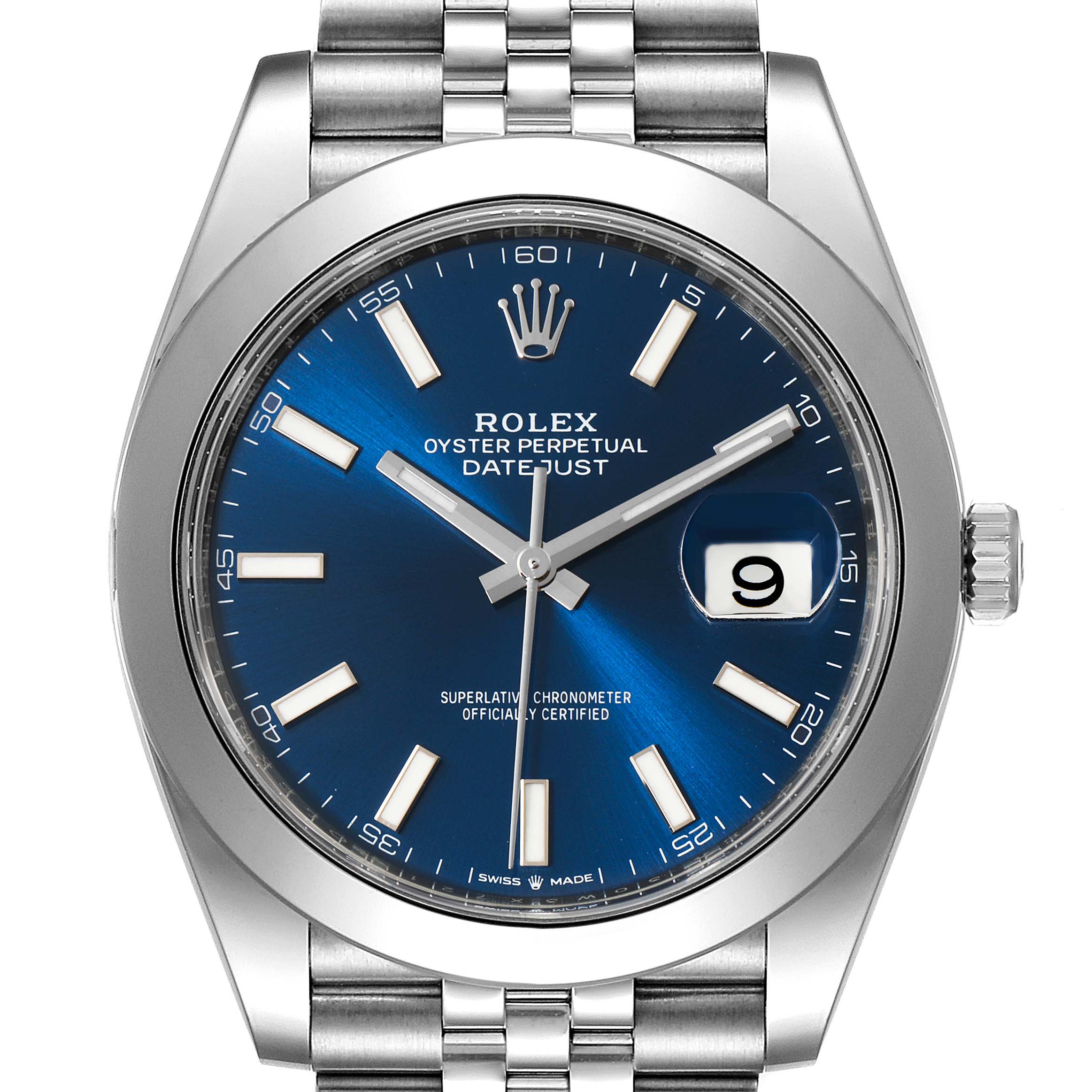 The image shows a Rolex Datejust 41 126300 Men
s Stainless Steel Blue Dial 126300 Men
s Stainless Steel Blue Dial watch from a front angle, including the blue dial, date window, and Jubilee bracelet.
