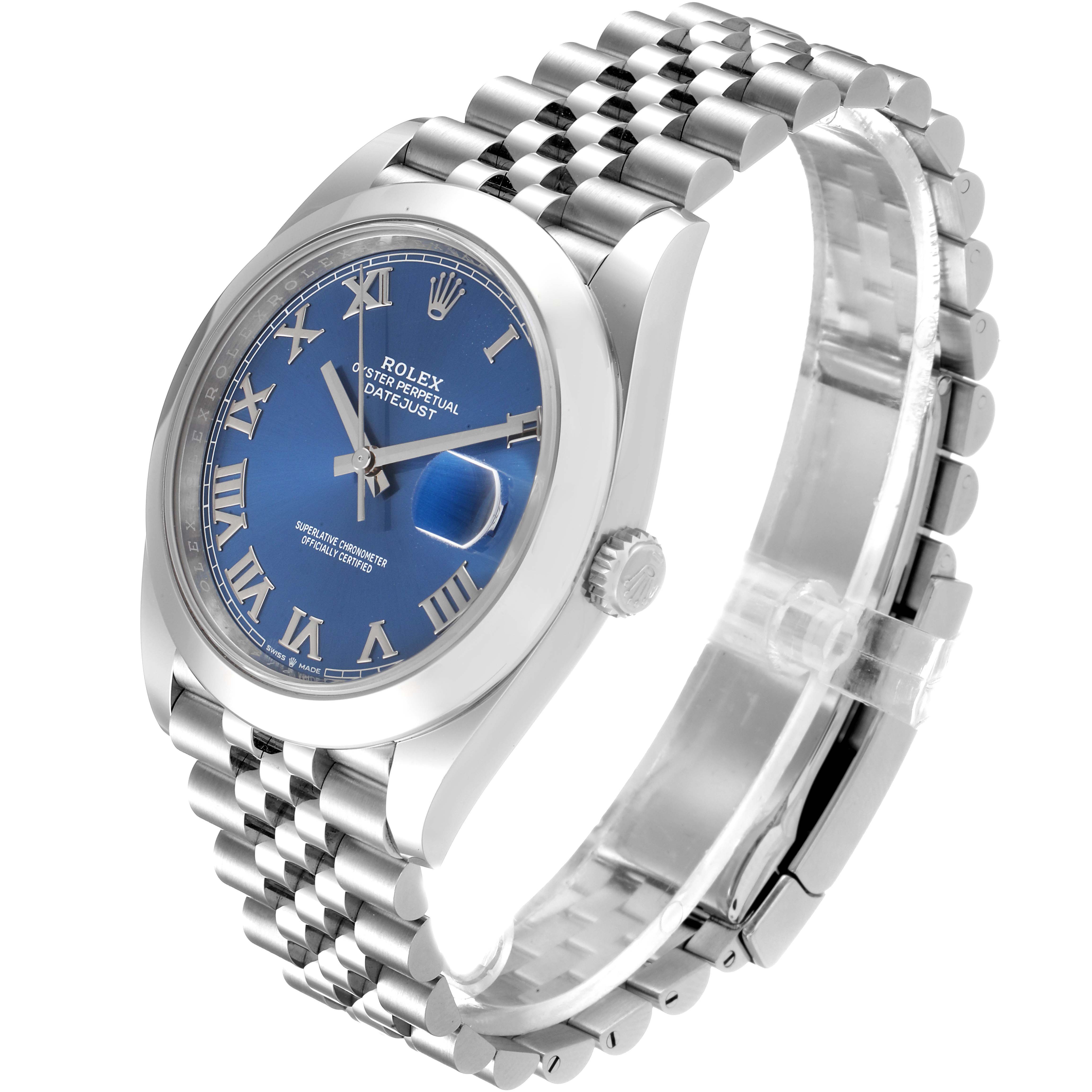 The Rolex Datejust 41 126300 Men
s Stainless Steel Blue Dial 126300 Men
s Stainless Steel Blue Dial watch is shown at an angled side view, displaying its blue dial, Roman numerals, and jubilee bracelet.