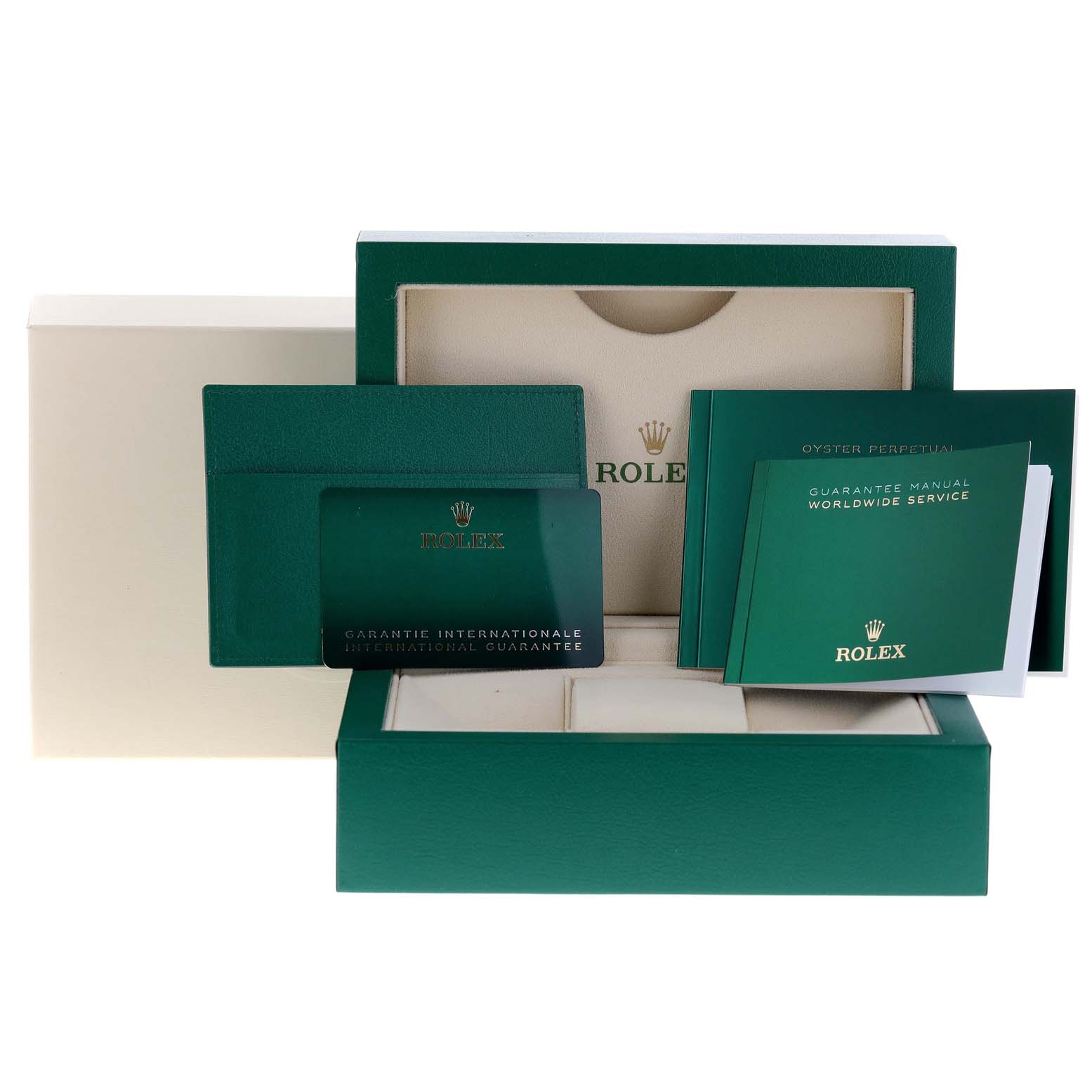 The image shows the packaging and accessories, including booklets and guarantee card, for a Rolex Datejust 41 126300 Men
s Stainless Steel Blue Dial 126300 Men
s Stainless Steel Blue Dial model.