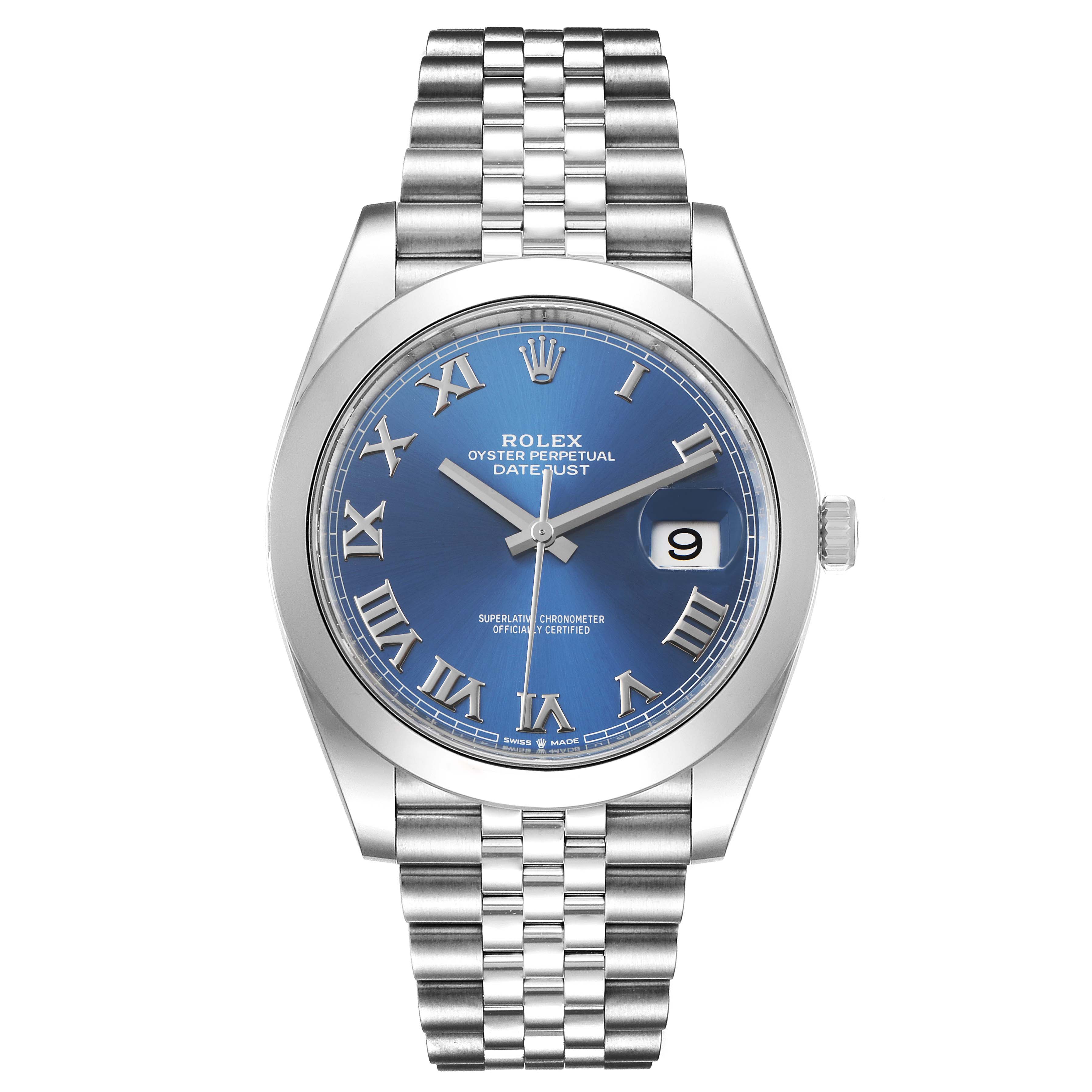 The Rolex Datejust 41 126300 Men
s Stainless Steel Blue Dial 126300 Men
s Stainless Steel Blue Dial watch is shown from a front angle, displaying its blue dial, Roman numeral markers, date window, and Jubilee bracelet.