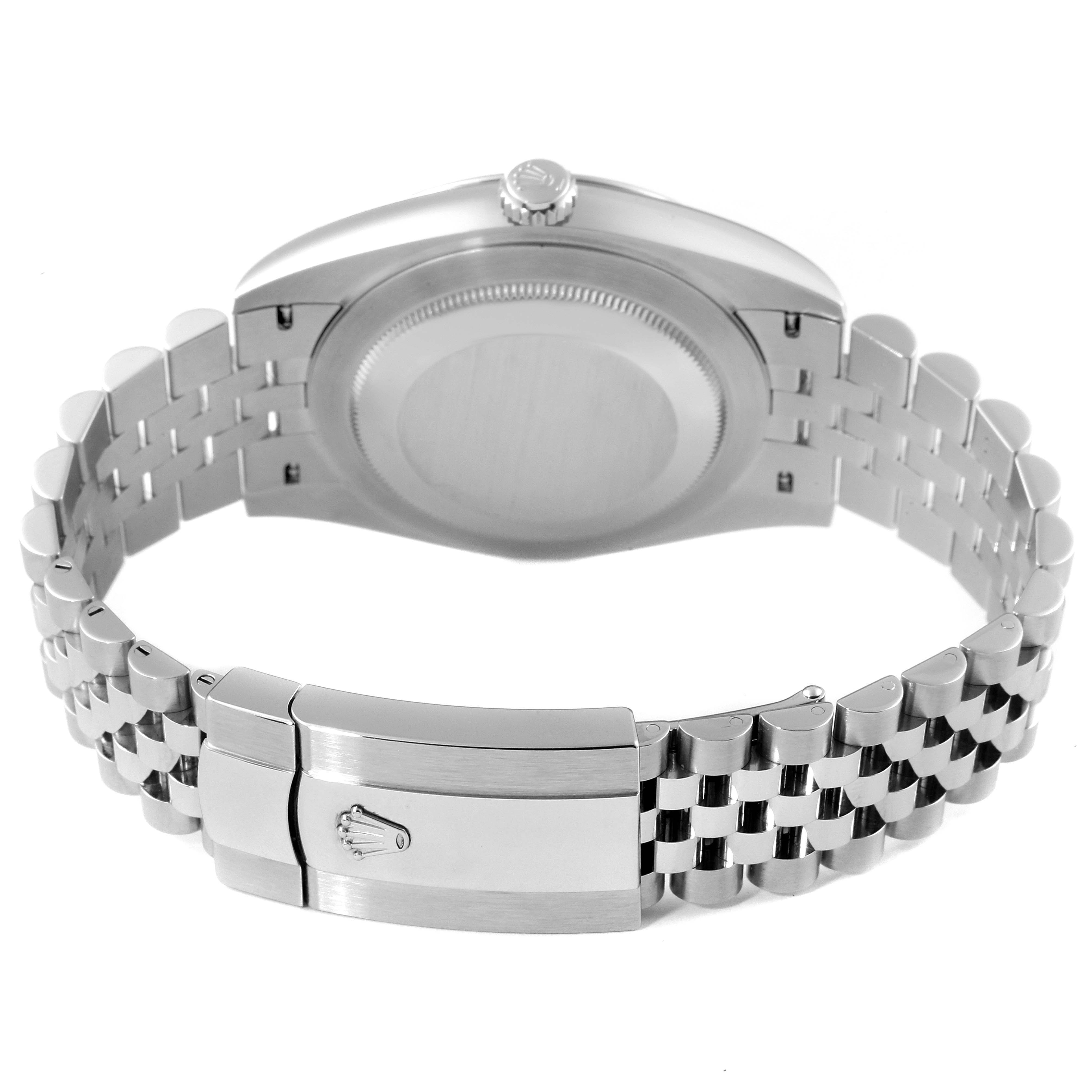 This image shows the backside of a Rolex Datejust 41 126300 Men
s Stainless Steel Blue Dial 126300 Men
s Stainless Steel Blue Dial watch, including the bracelet and clasp.